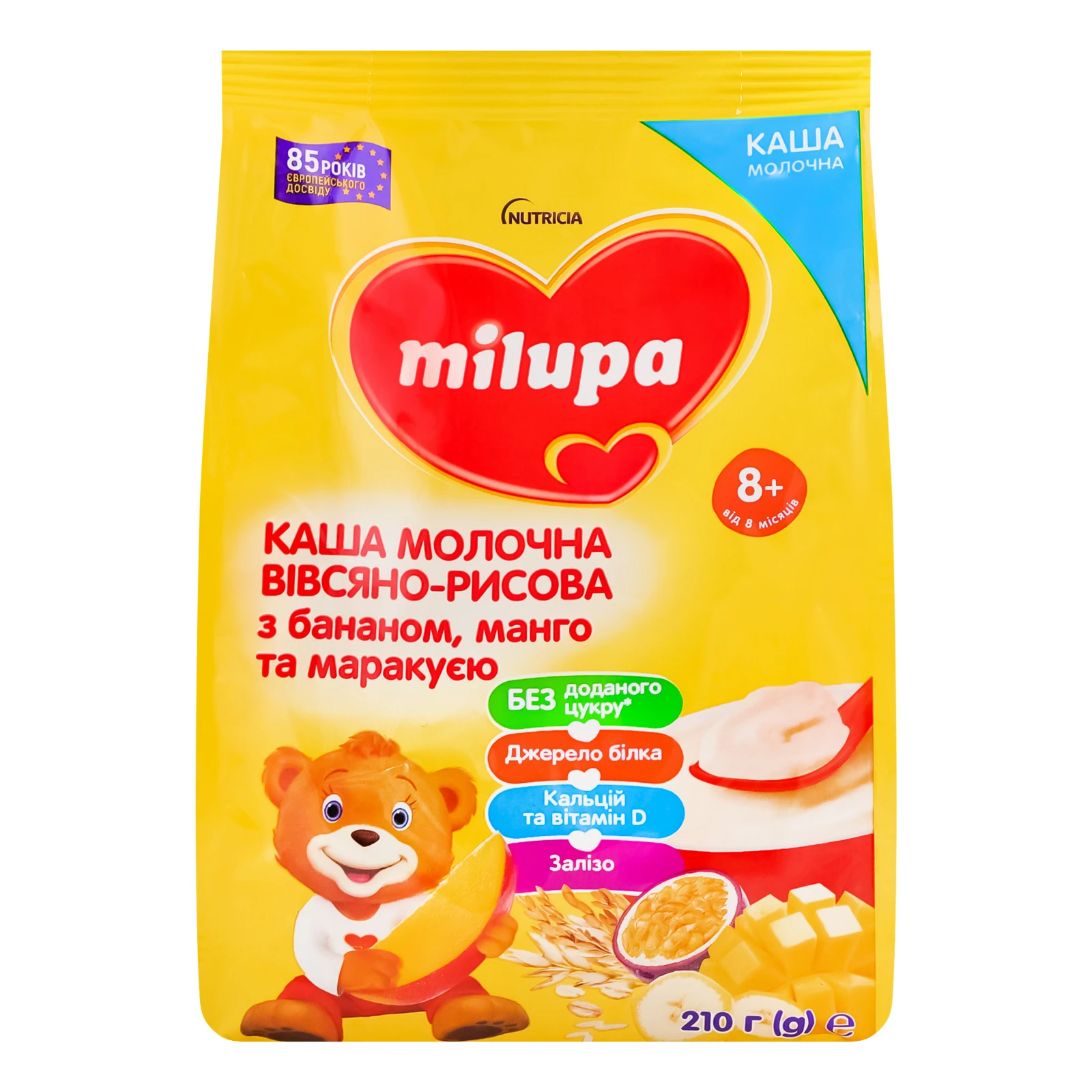 Каша дитяча Milupa суха молочна вівсяно-рисова з бананом, манго та маракуєю для дітей від 8-ми місяців 210г Фото №:1