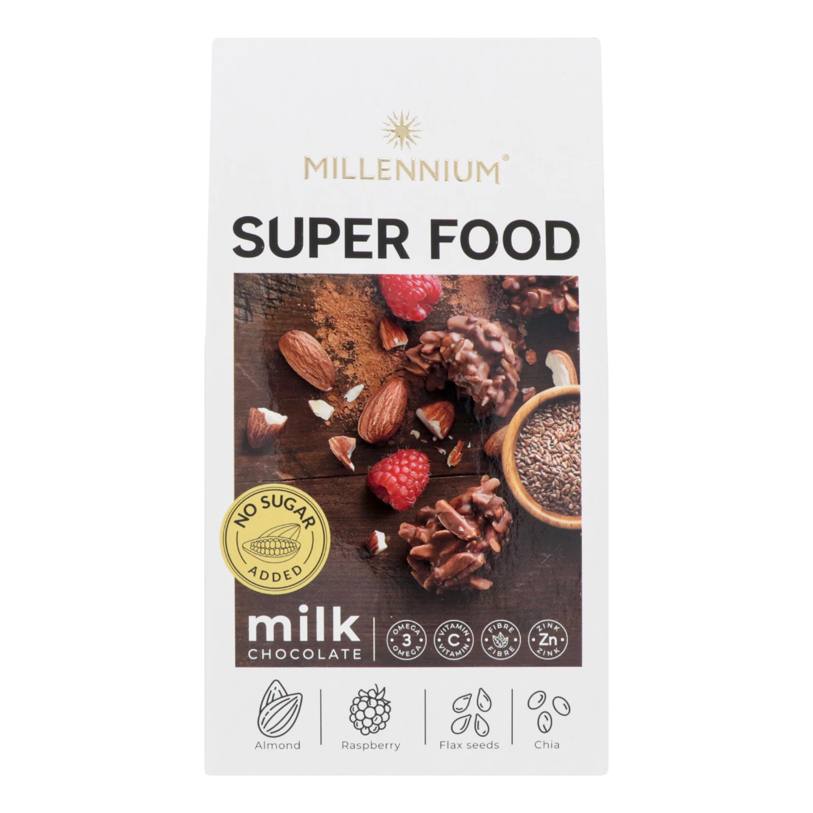 Цукерки Millennium Super Food шоколадні молочні з мигдалем, малиною, льоном та чіа з підсолоджувачами 80г Фото №:1
