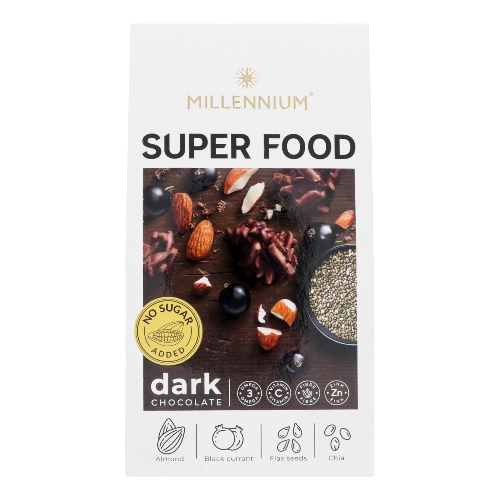 Цукерки Millennium Super Food шоколадні чорні з мигдалем, смородиною, льоном та чіа з підсолоджувачами 80г Фото №:1