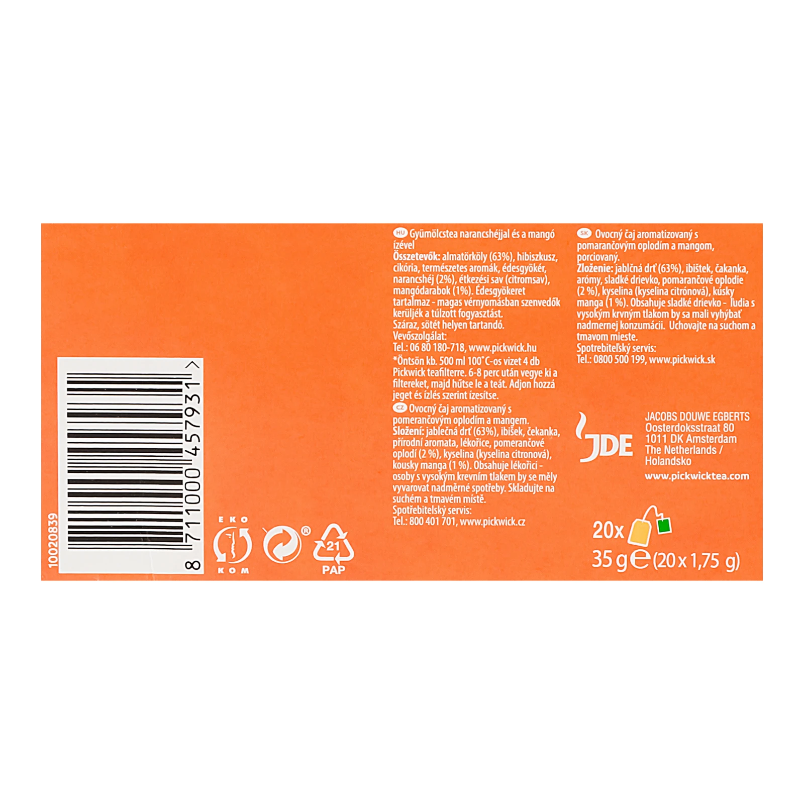 Чай Pickwick Fruit fusion Mango&Orange фруктово-трав'яний зі шматочками манго та цедрою апельсина 20*1.75г Фото №:3