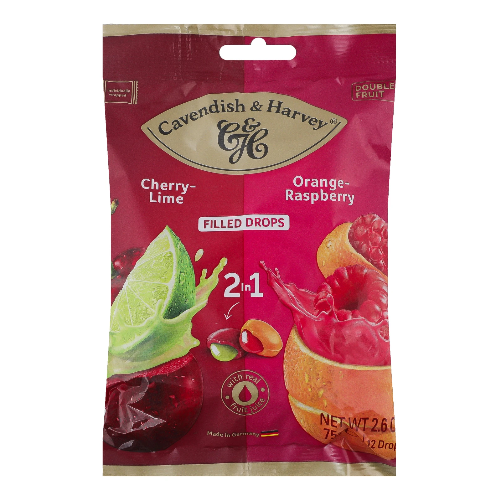 Цукерки Cavendish&Harvey з фруктовою начинкою Вишня з наповнювачем лайм та Апельсин з наповнювачем малина 75г Фото №:1