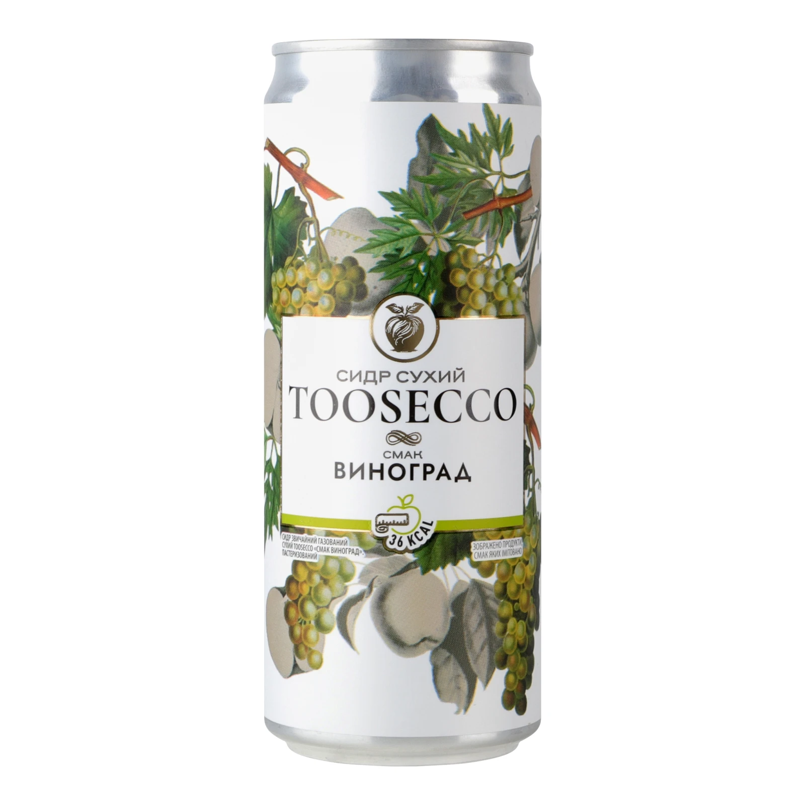 Сидр Toosecco звичайний сухий газований пастеризований Смак виноград 5% 0.33л Фото №:1
