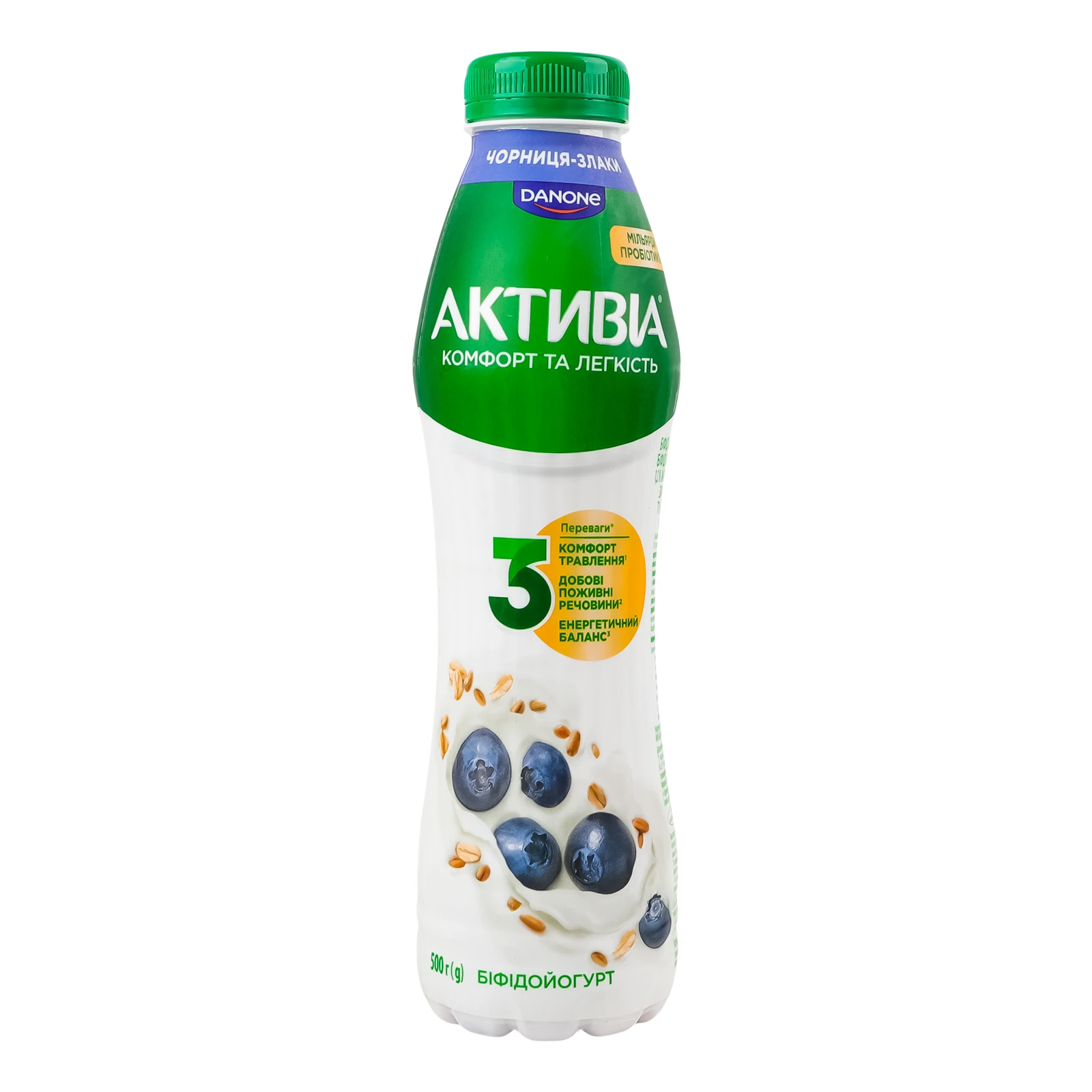 Біфідойогурт Активіа питний Чорниця-злаки 1.2% 500г