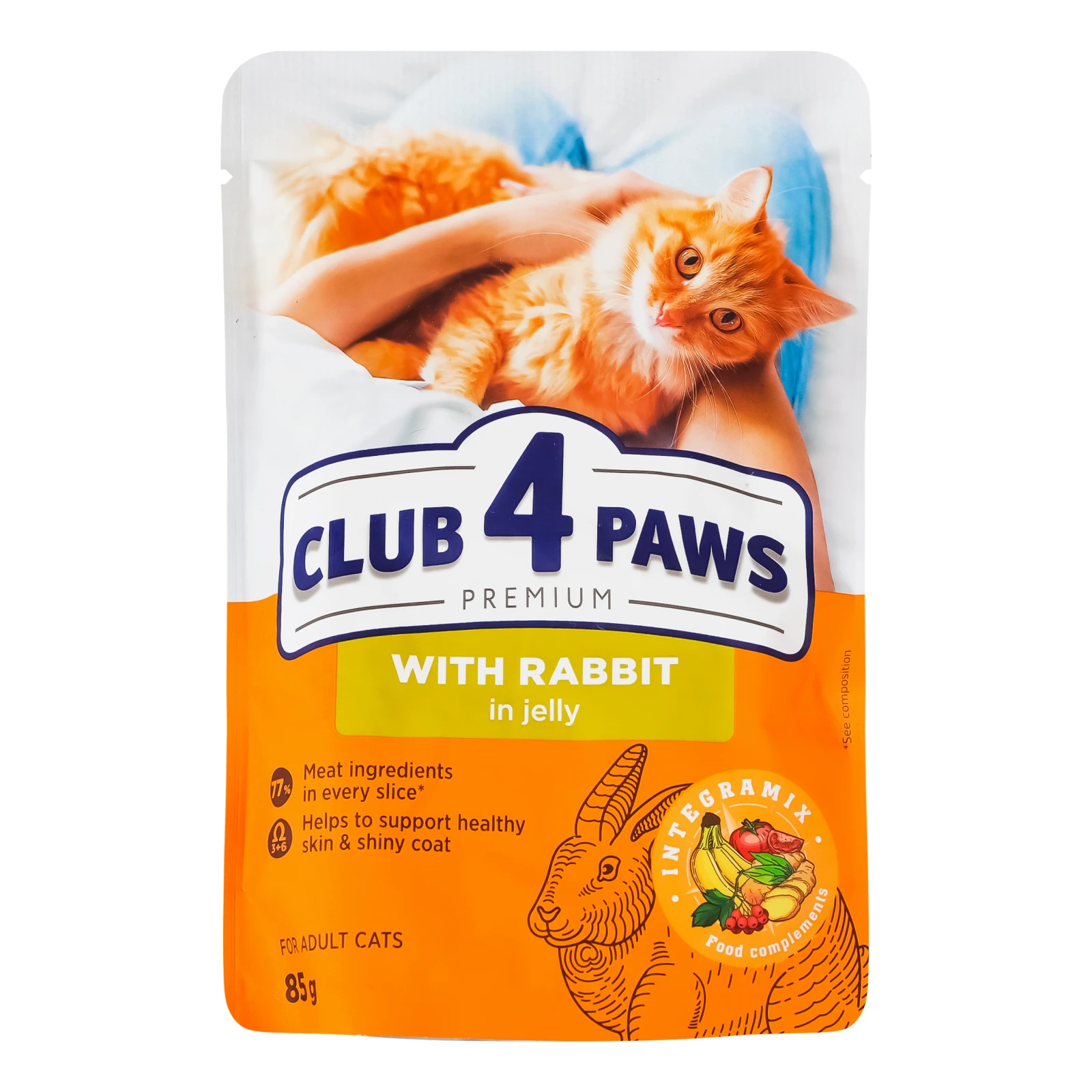 Корм для котів Club 4 Paws Premium консервований повнораціонний для дорослих котів З кроликом в желе 85г Фото навігації №:1