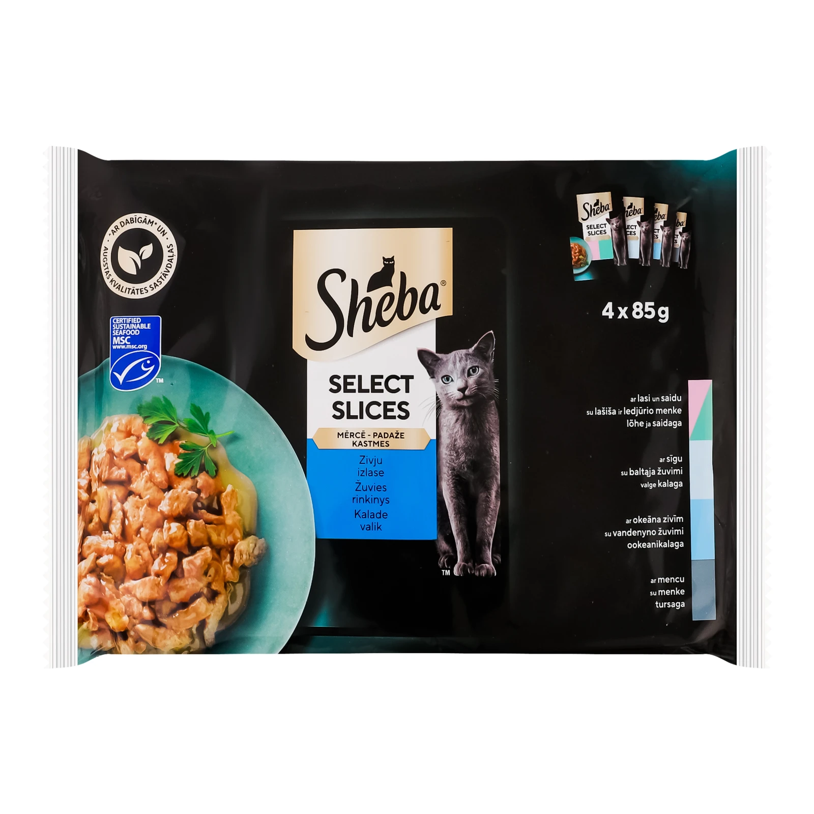 Корм для котів Sheba Select slices консервований повнораціонний для дорослих котів Асорті рибне в соусі 4*85г Фото навігації №:1