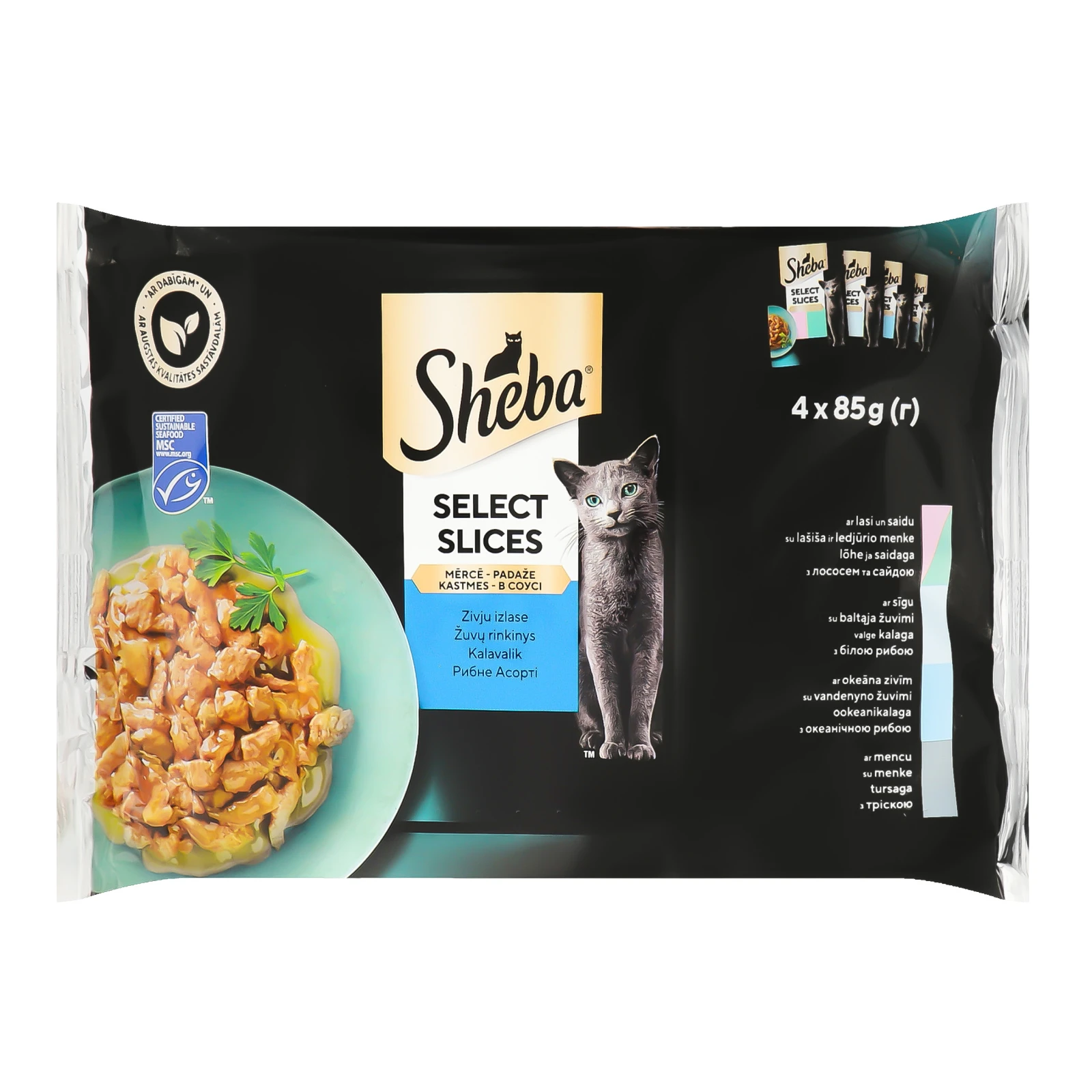 Корм для котів Sheba Select Slices консервований повнораціонний для дорослих котів Асорті рибне в соусі 4х85г