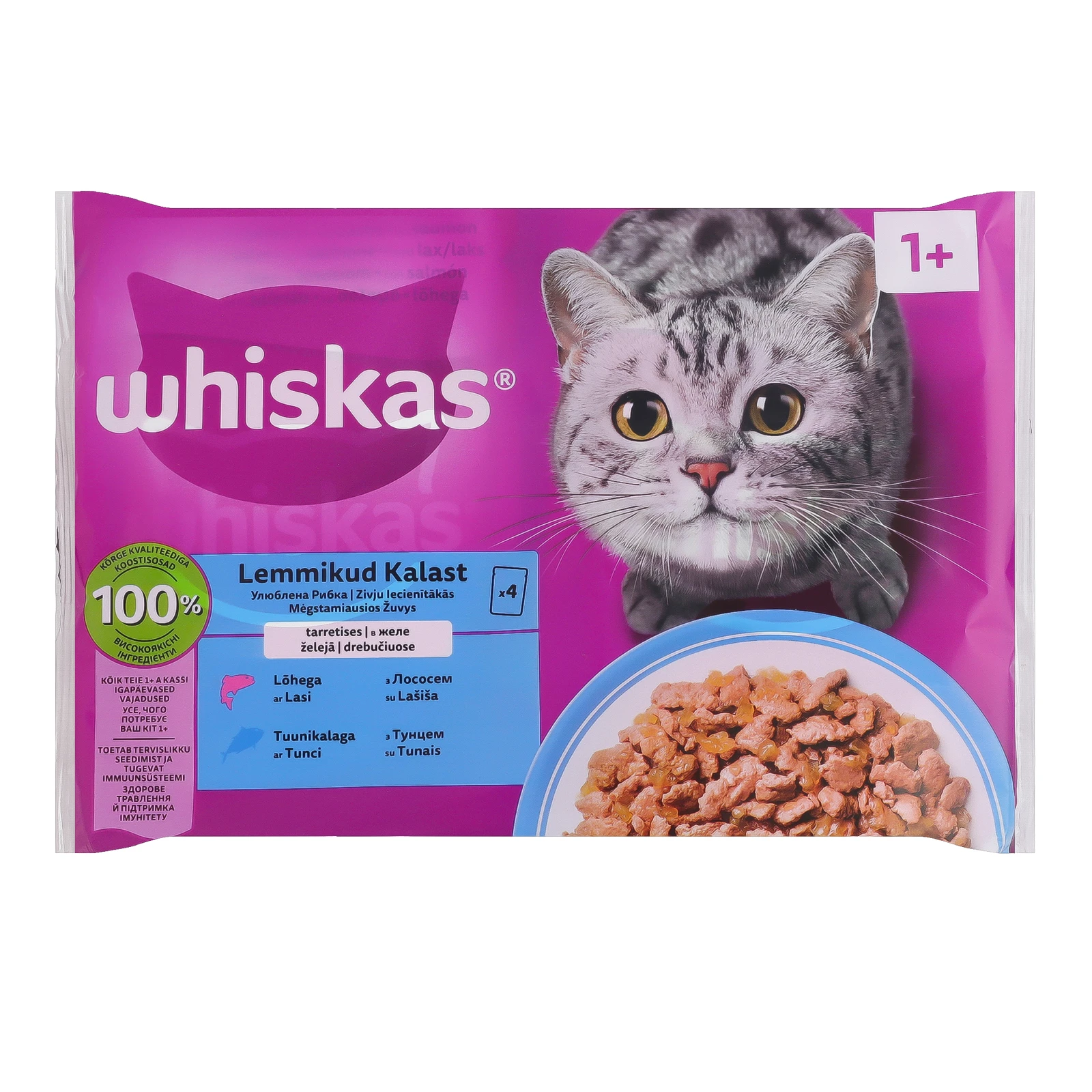 Корм для котів Whiskas консервований повнораціонний для дорослих котів Асорті з тунцем, з лососем в соусі 4х85г Фото №:1