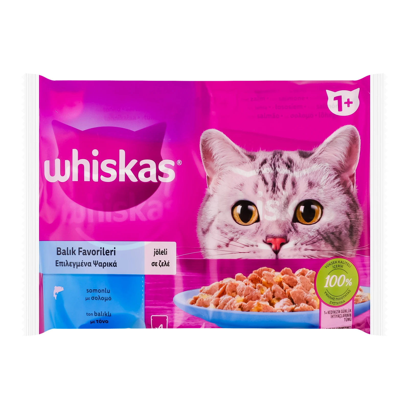 Корм для котів Whiskas консервований повнораціонний для дорослих котів Асорті з тунцем, з лососем в соусі 4*85г Фото навігації №:1