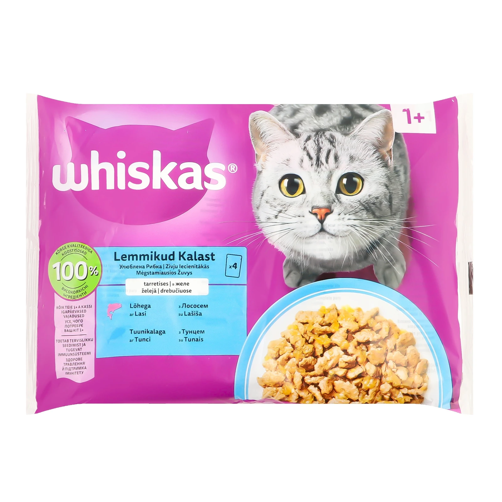 Корм для котів Whiskas консервований повнораціонний для дорослих котів Асорті з тунцем, з лососем в соусі 4х85г
