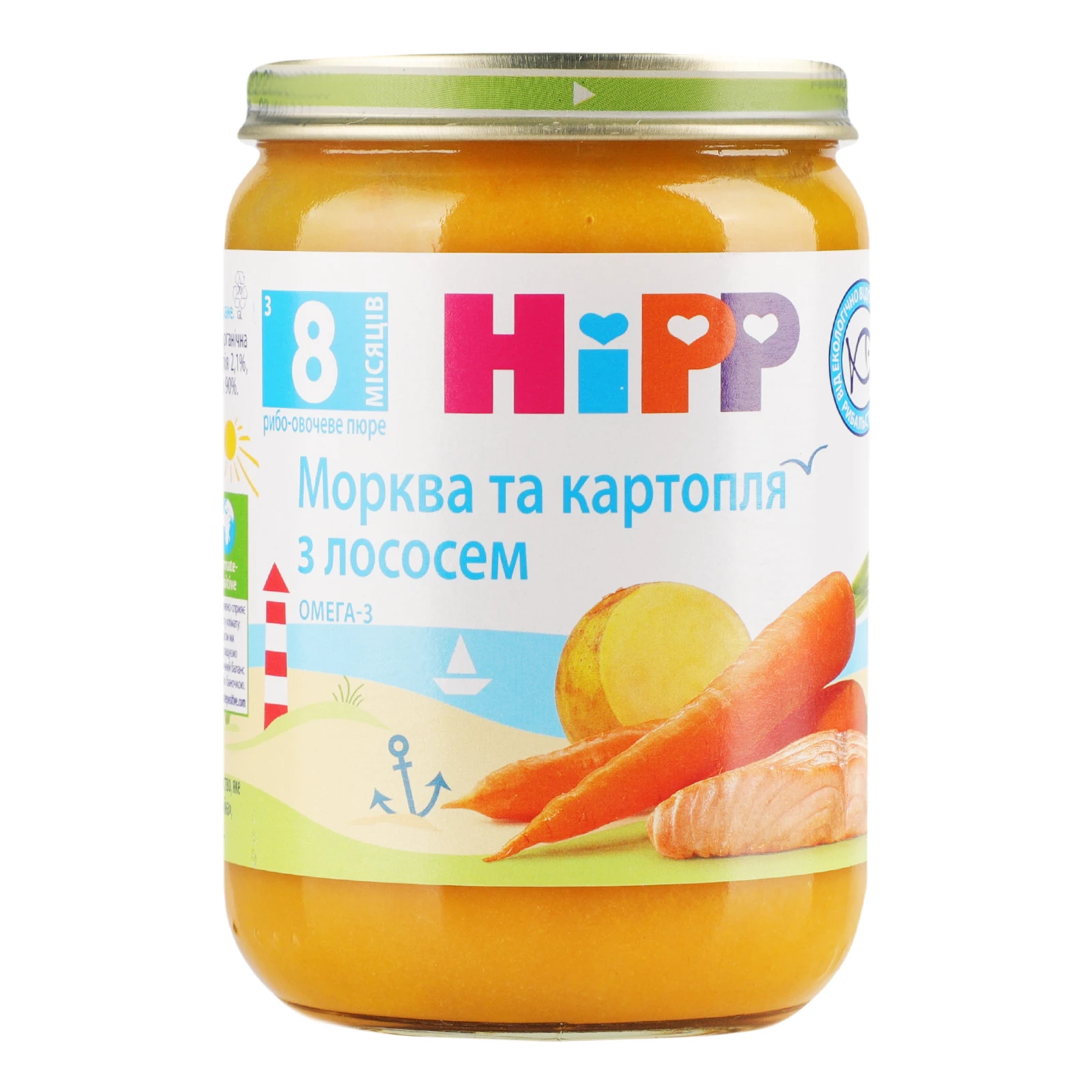 Пюре Hipp рибо-овочеве гомогенізоване стерилізоване Морква та картопля з лососем для дітей від 8-ми місяців 190г