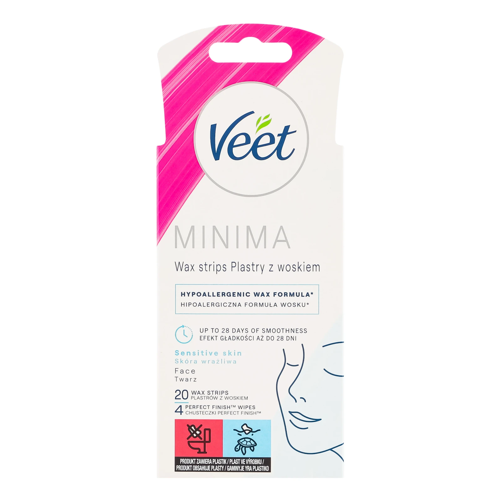 Смужки для депіляції Veet Minima воскові для чутливої шкіри обличчя 20шт Фото №:1