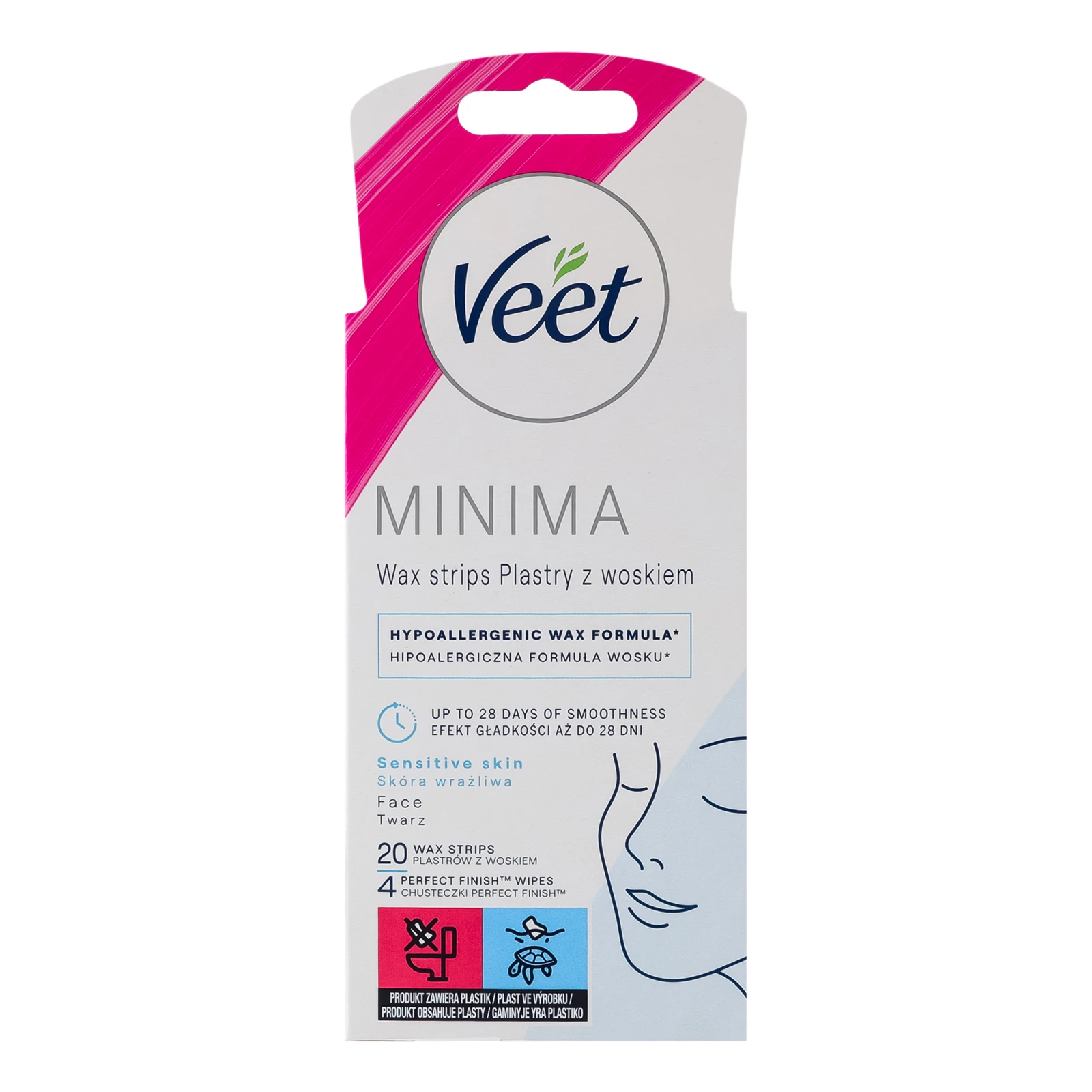 Смужки для депіляції Veet Minima воскові для чутливої шкіри обличчя 20шт Фото навігації №:1