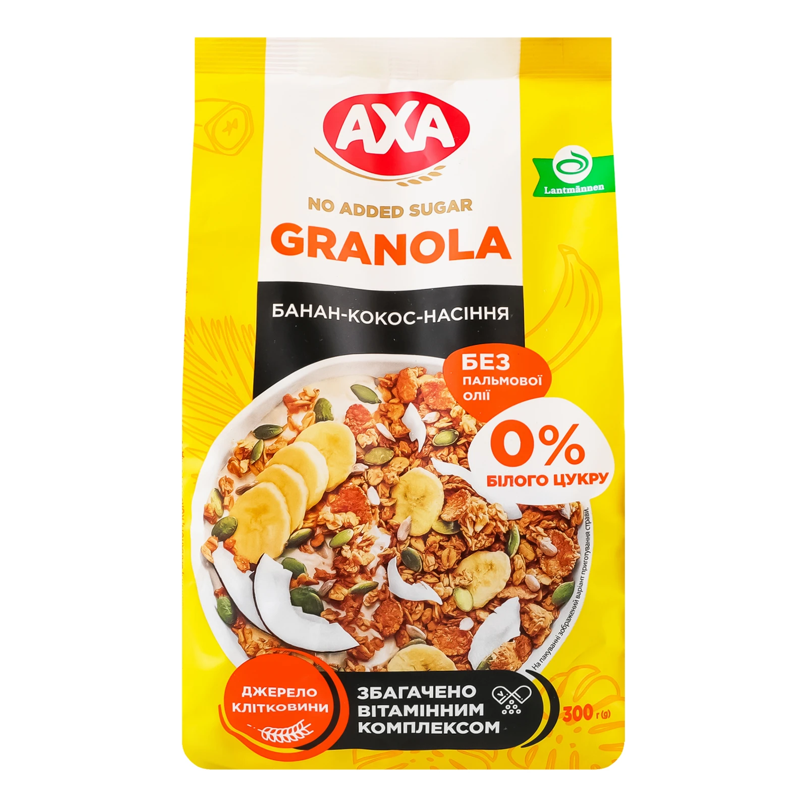 Гранола Axa з підсолоджувачем без додавання цукру Банан-кокос-насіння 300г Фото №:1