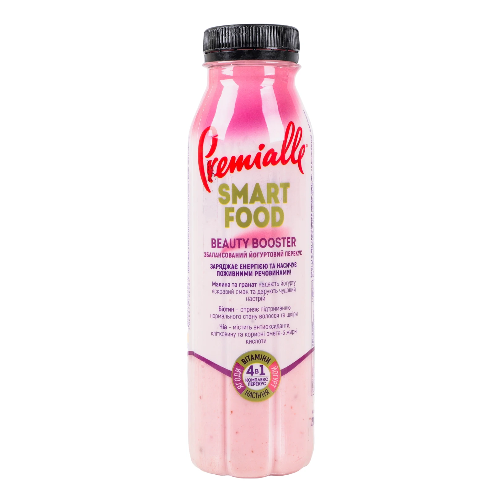 Йогурт Premialle Smart Food Beauty booster з підсолоджувачем та вітамінами Малина-гранат-чіа 1.3% 290г фото 2