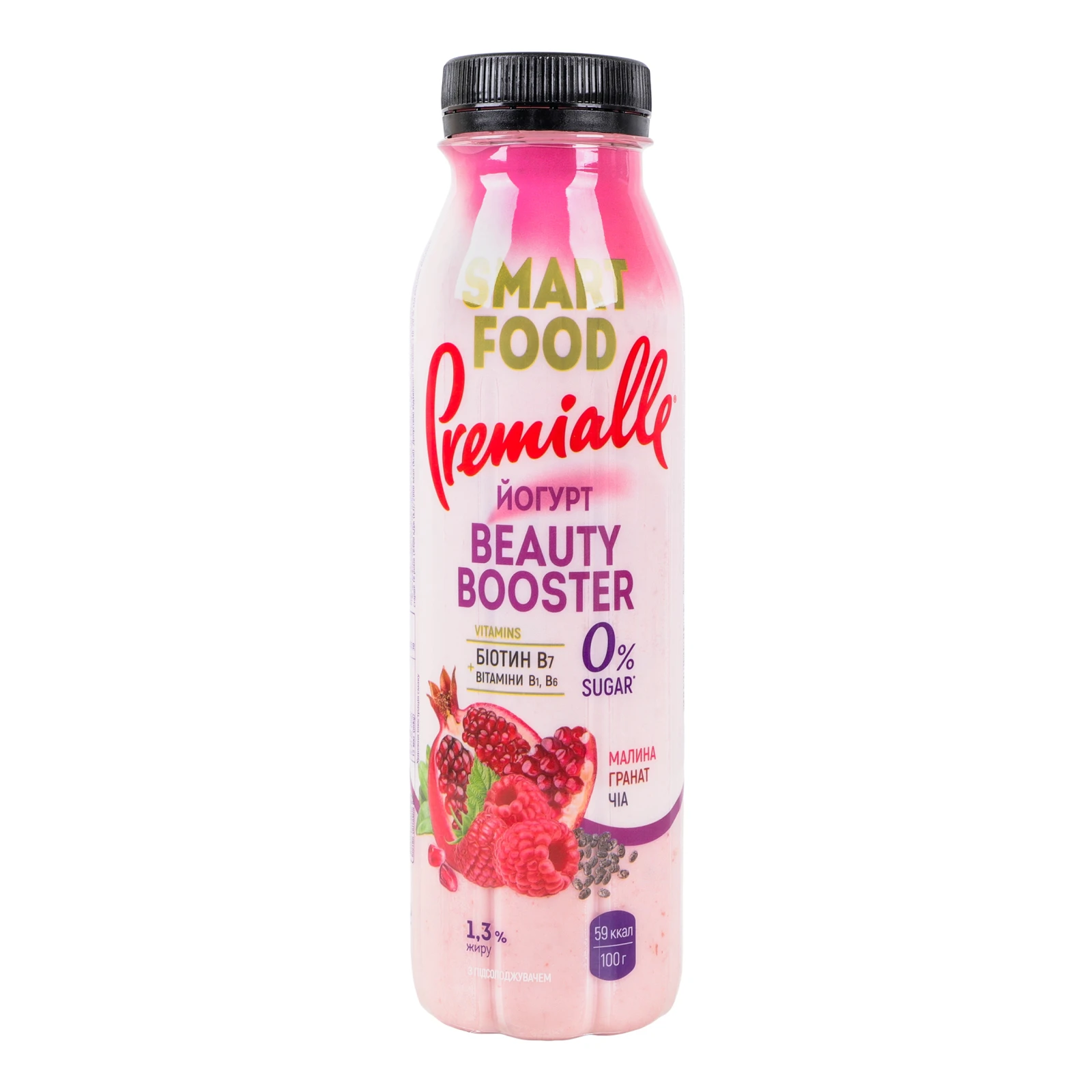 Йогурт Premialle Smart Food Beauty booster з підсолоджувачем та вітамінами Малина-гранат-чіа 1.3% 290г Фото навігації №:1