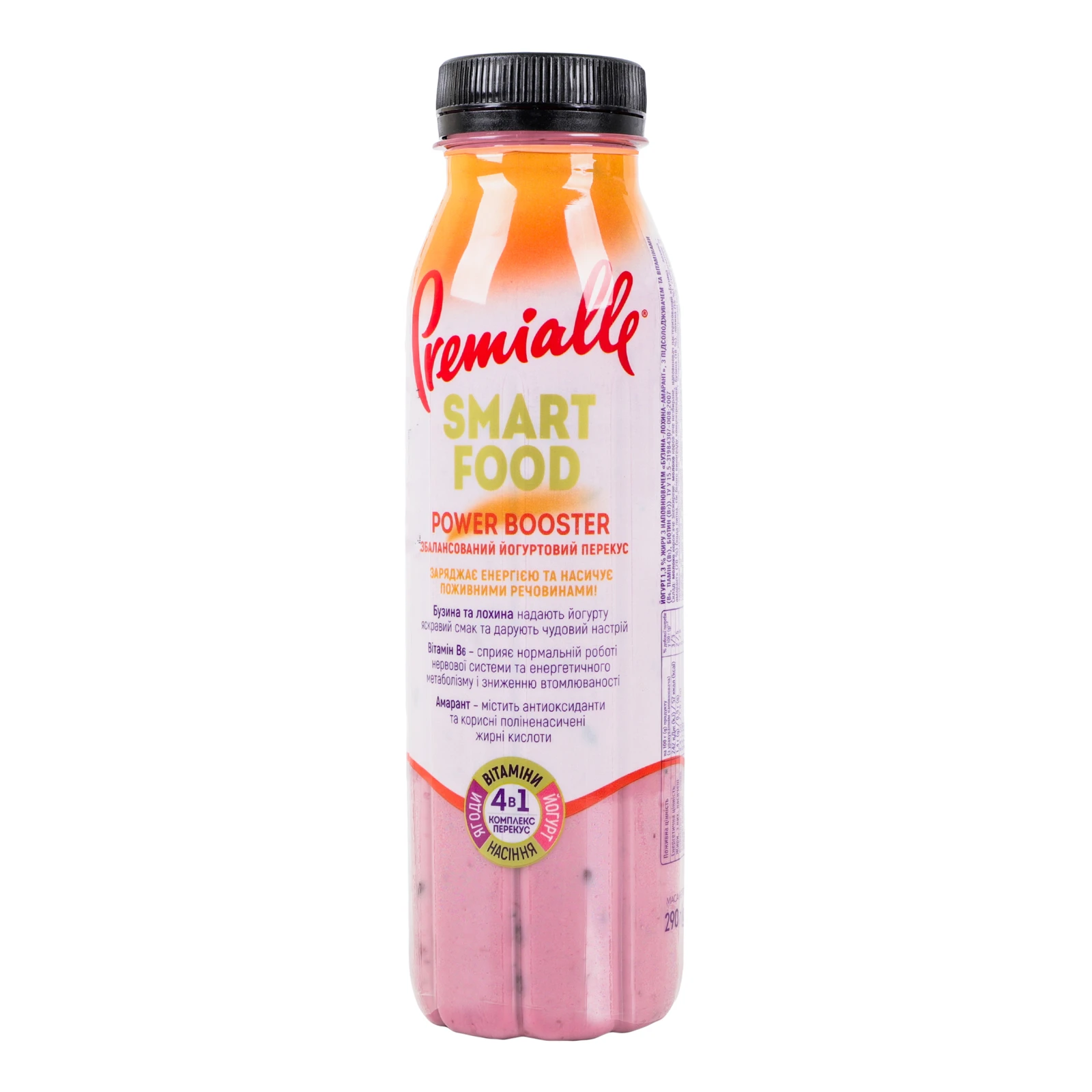 Йогурт Premialle Smart Food Power booster з підсолоджувачем Бузина-лохина-амарант 1.3% 290г Фото №:2