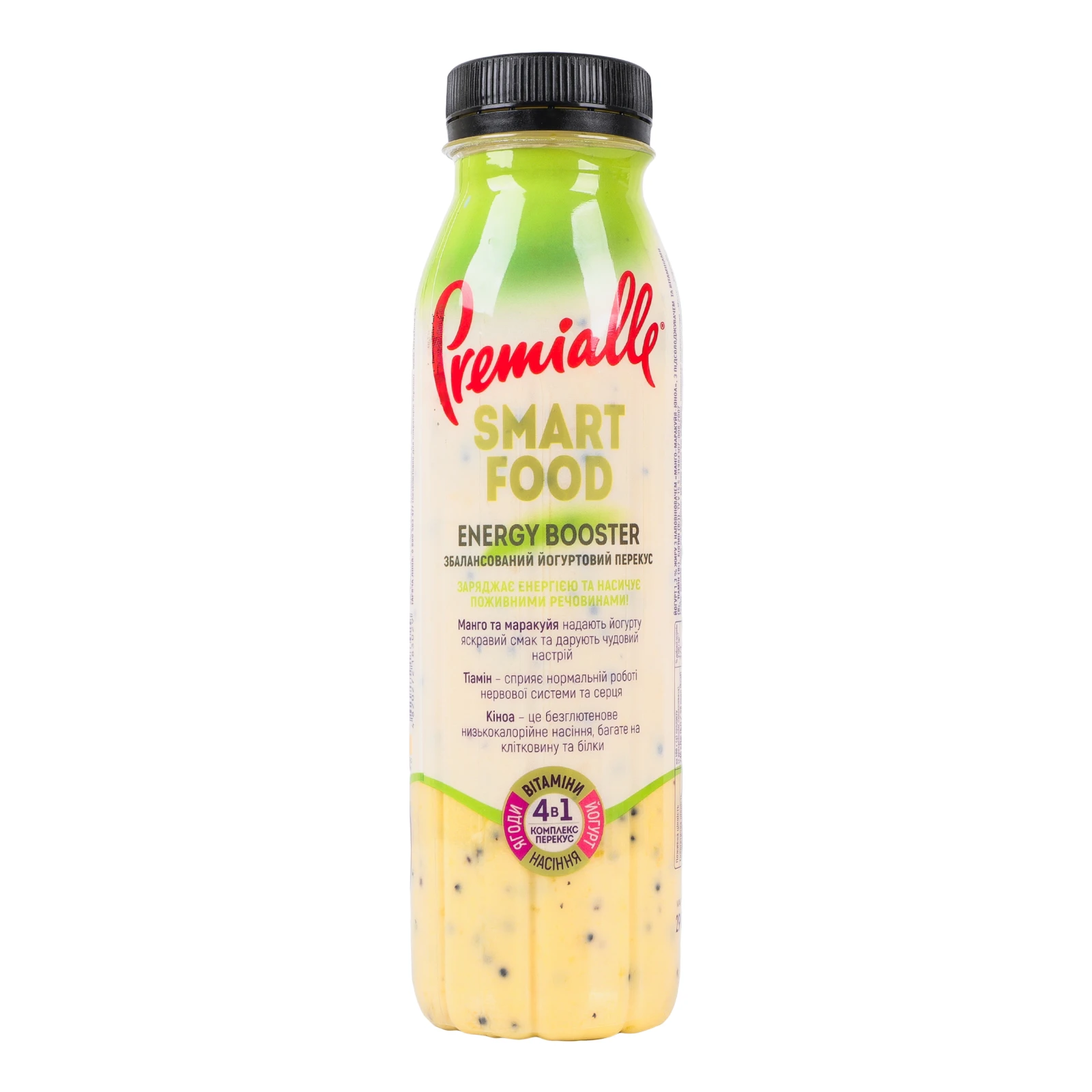 Йогурт Premialle Smart Food Energy booster з підсолоджувачем та вітамінами Манго-маракуйя-кіноа 1.3% 290г фото 2