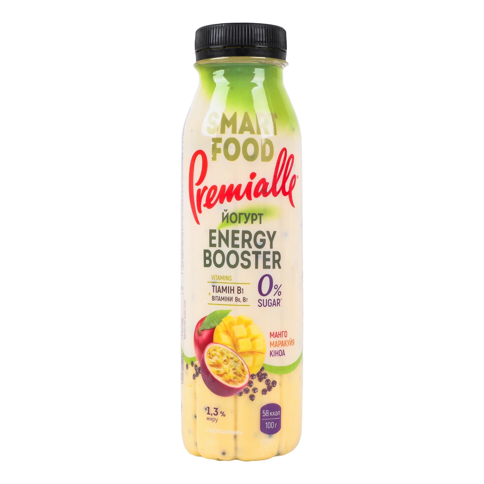 Йогурт Premialle Smart Food Energy booster з підсолоджувачем та вітамінами Манго-маракуйя-кіноа 1.3% 290г