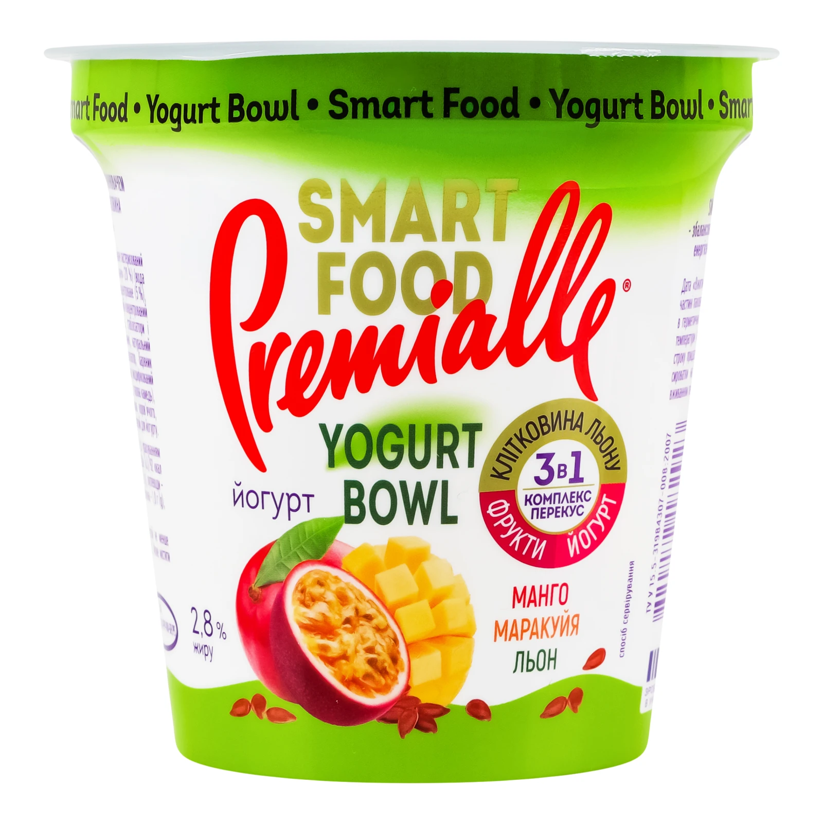 Йогурт Premialle Smart food Yogurt bowl Манго-маракуя-льон 2.8% 240г Фото навігації №:1