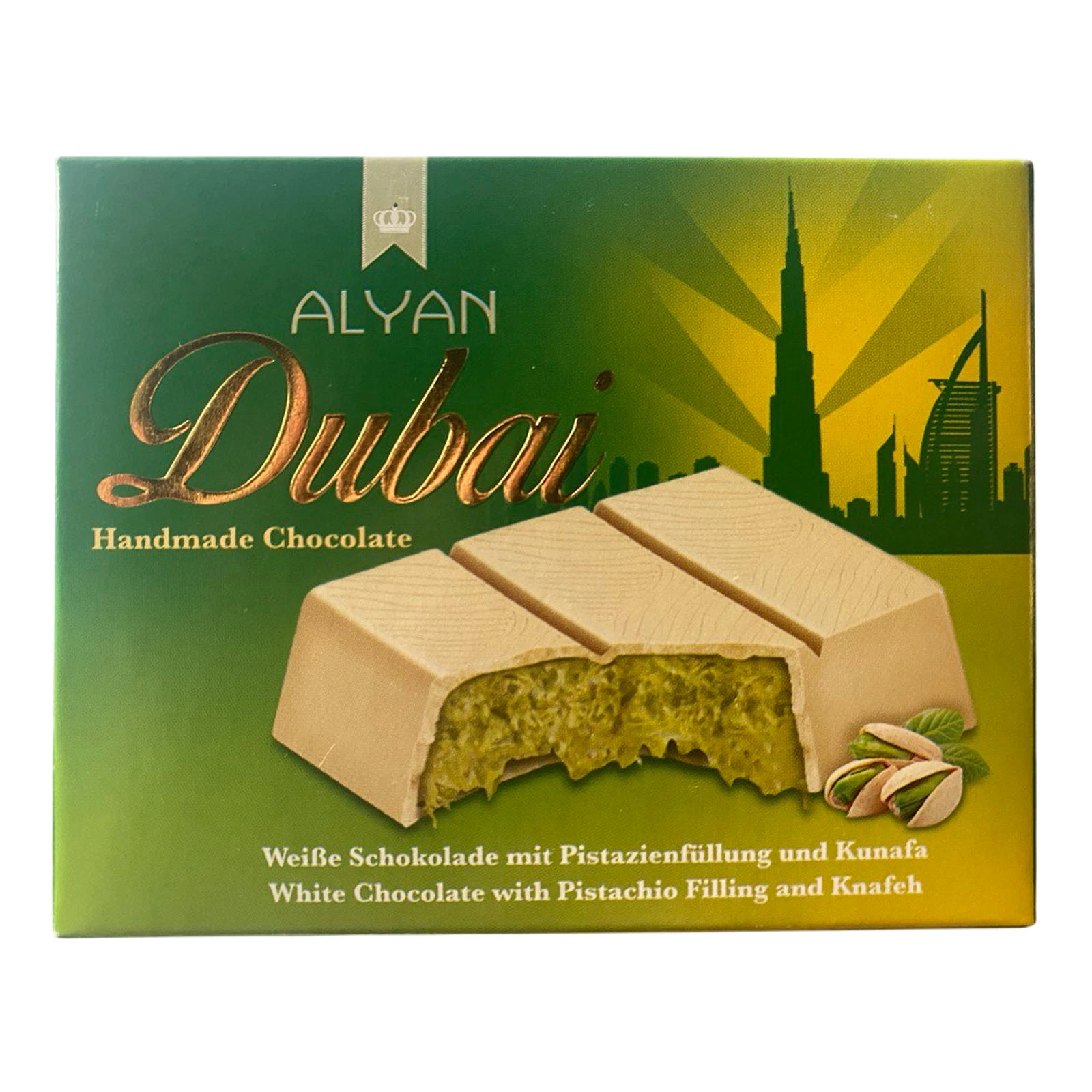 Шоколад Alyan Dubai білий з фісташковою начинкою та кнафе 100г Фото №:1