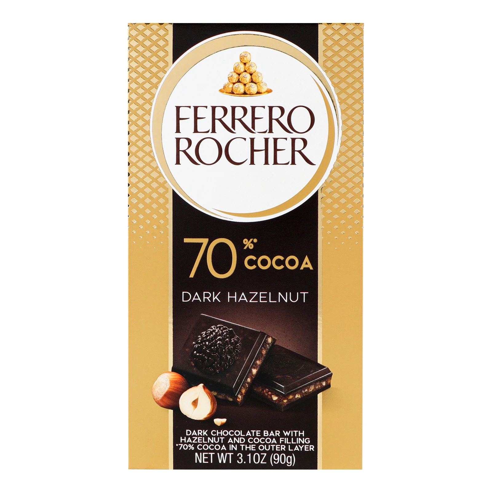 Шоколад Ferrero Rocher чорний з горіховою начинкою та подрібненими лісовими горіхами 70% 90г