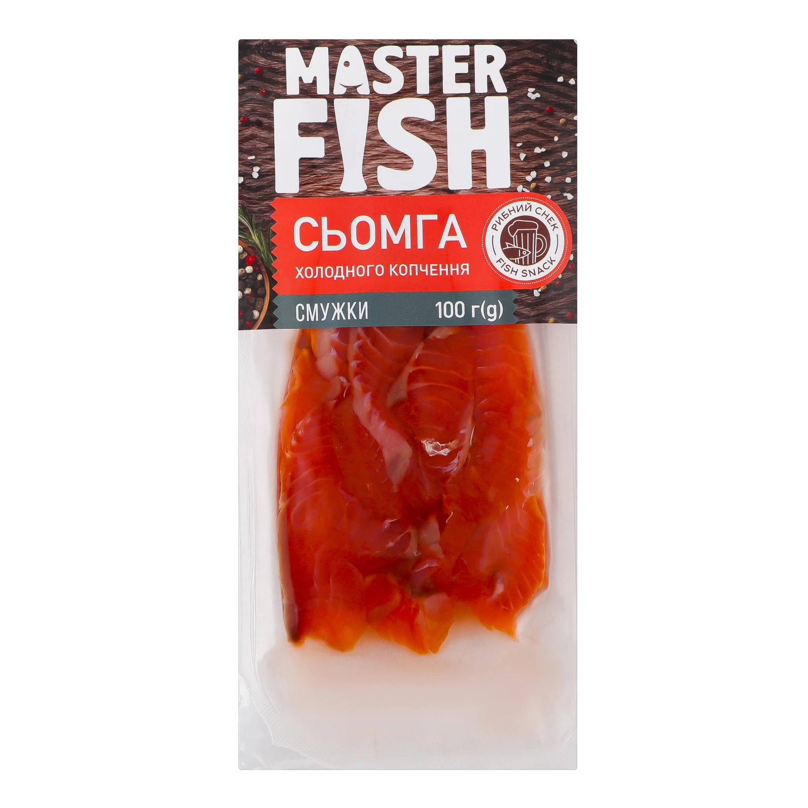 Сьомга Master Fish холодного копчення смужки перший сорт 100г Фото навігації №:1
