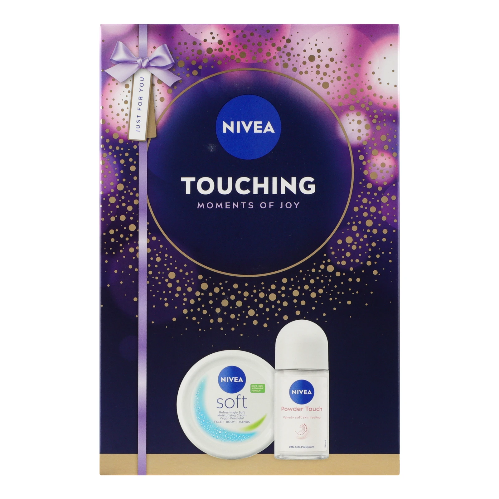 Набір косметичний Nivea Touching Крем для обличчя, рук та тіла Soft 200мл + Антиперспірант Дотик пудри кульковий 50мл Фото №:1