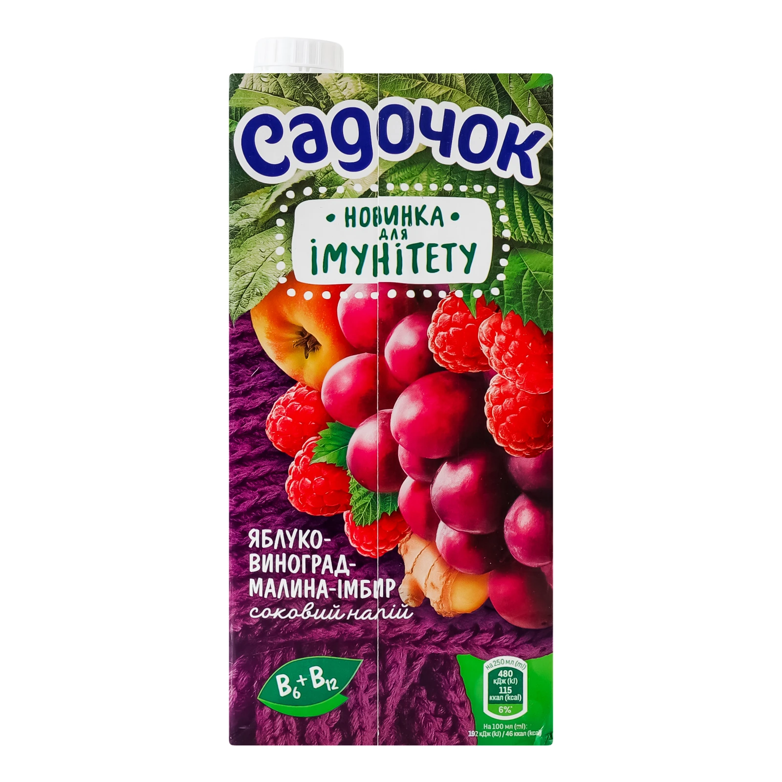 Напій Садочок соковий Для імунітету вітамінізований освітлений Яблуко-виноград-малина-імбир 950мл Фото №:2