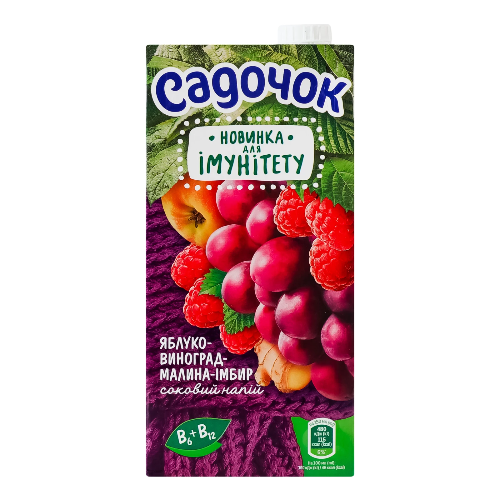 Напій соковий Садочок Для імунітету вітамінізований освітлений Яблуко-виноград-малина-імбир 950мл Фото №:1