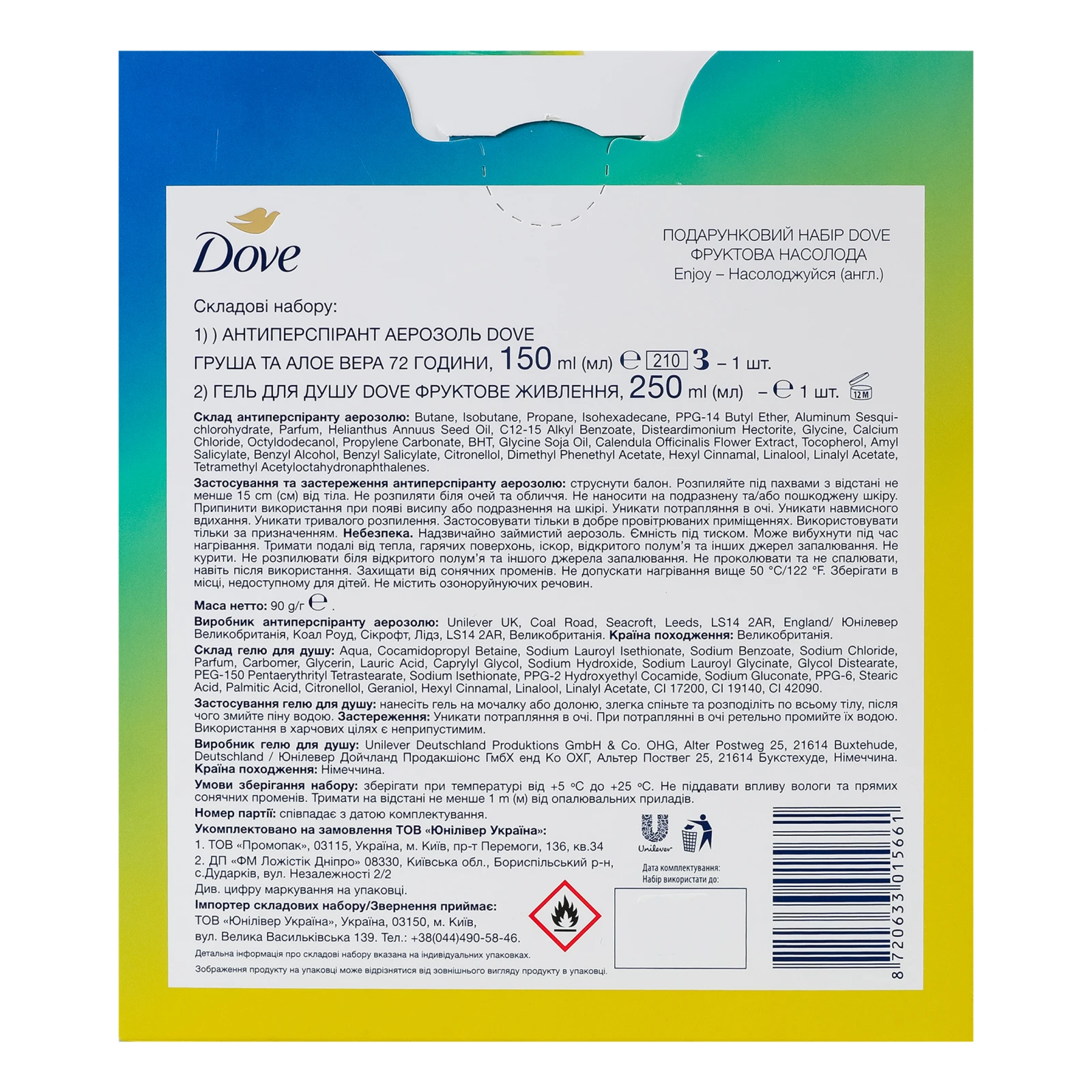 Набір Dove Фруктова насолода Антиперспірант Груша та алое вера аерозоль 150мл + Гель для душу Фруктове живлення 250мл Фото №:2