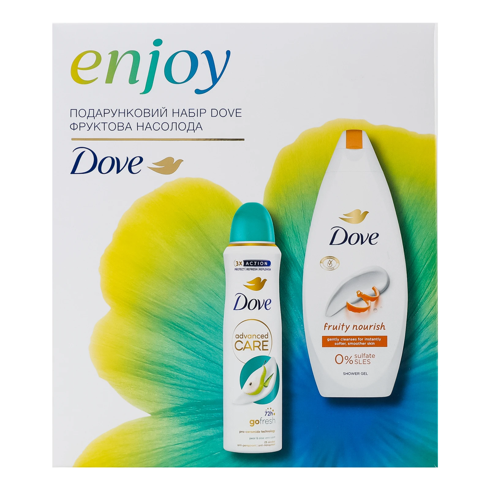 Набір Dove Фруктова насолода Антиперспірант Груша та алое вера аерозоль 150мл + Гель для душу Фруктове живлення 250мл Фото №:1