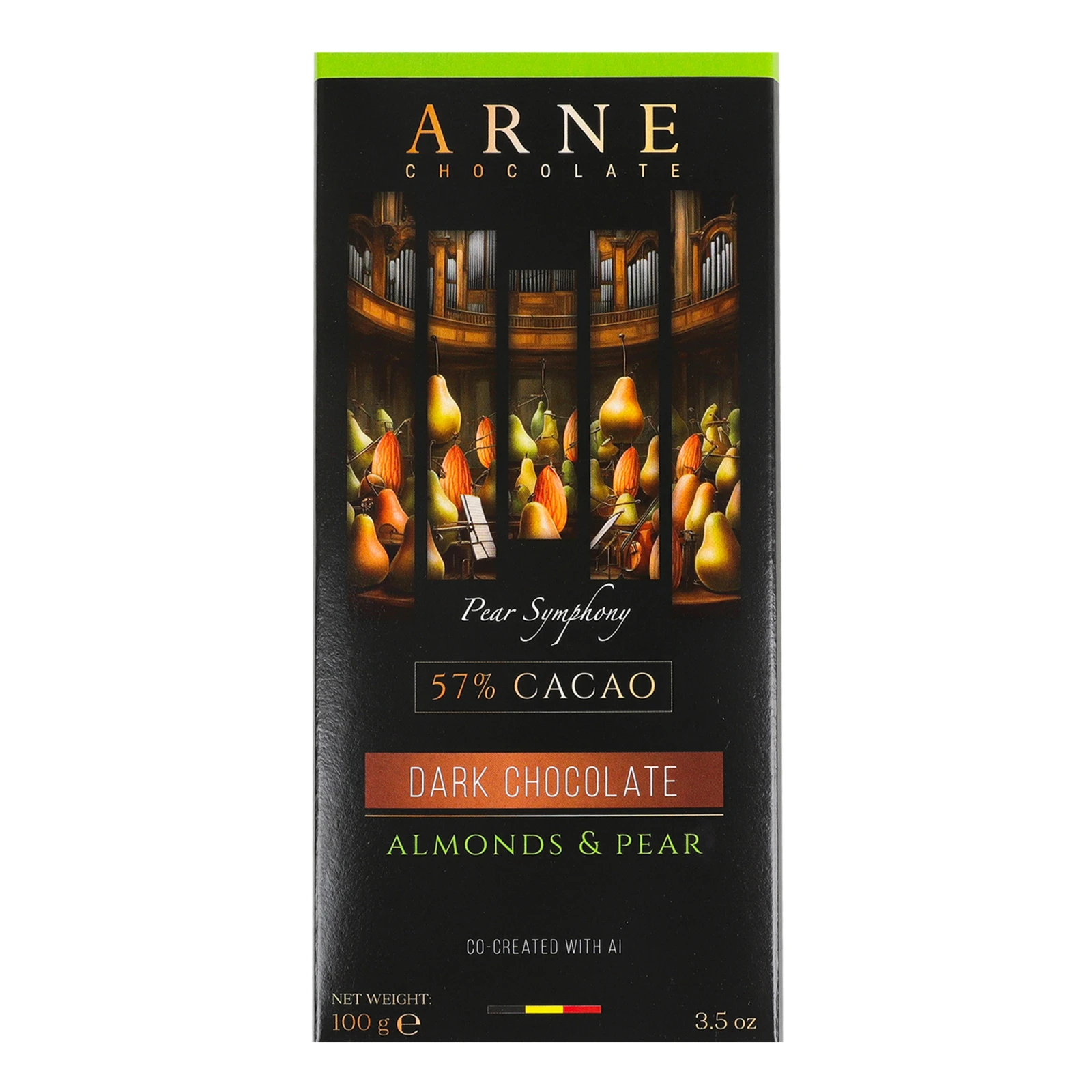 Шоколад Arne Pear symphony чорний зі шматочками мигдалю та груші 57% 100г Фото №:1