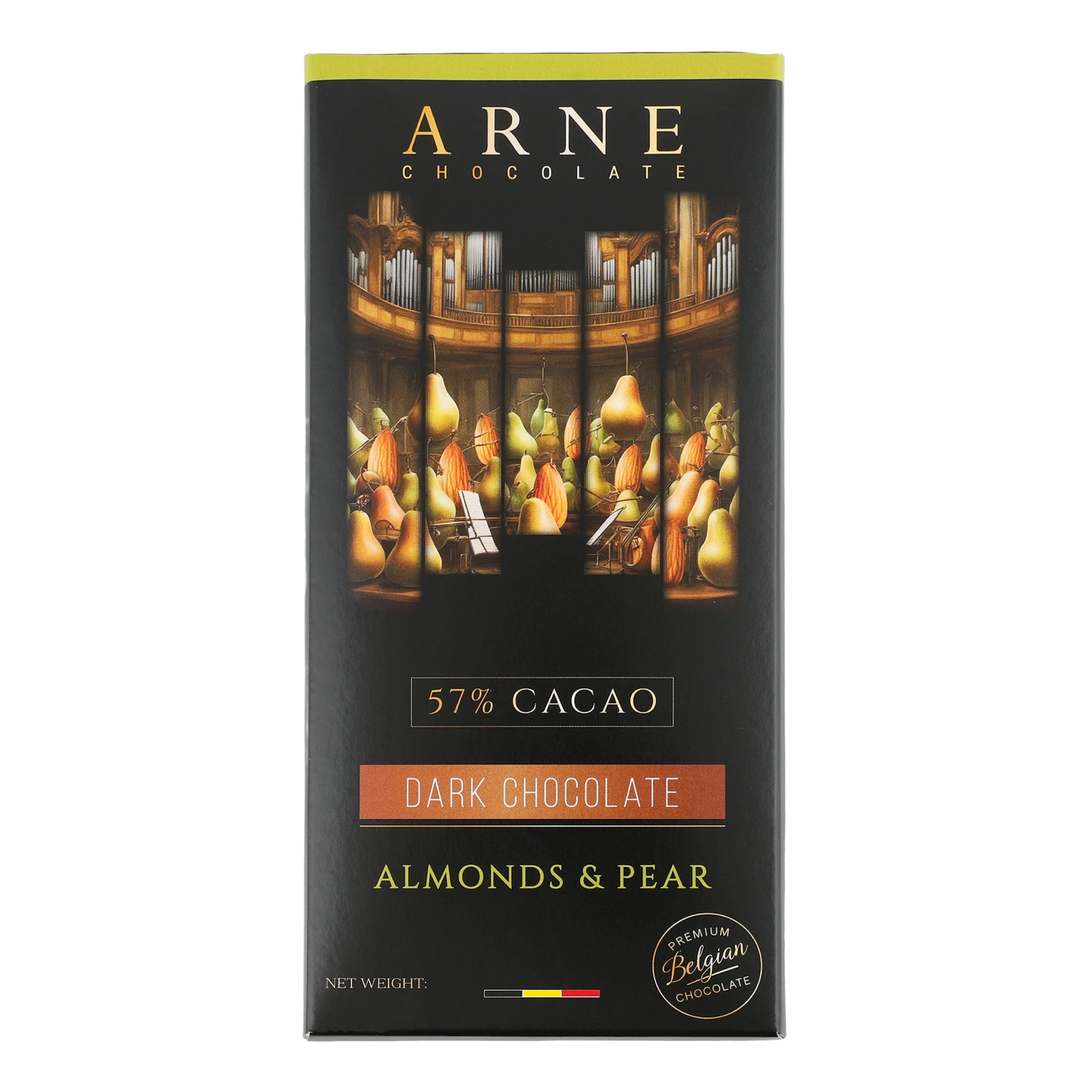 Шоколад Arne Pear symphony чорний зі шматочками мигдалю та груші 57% 100г