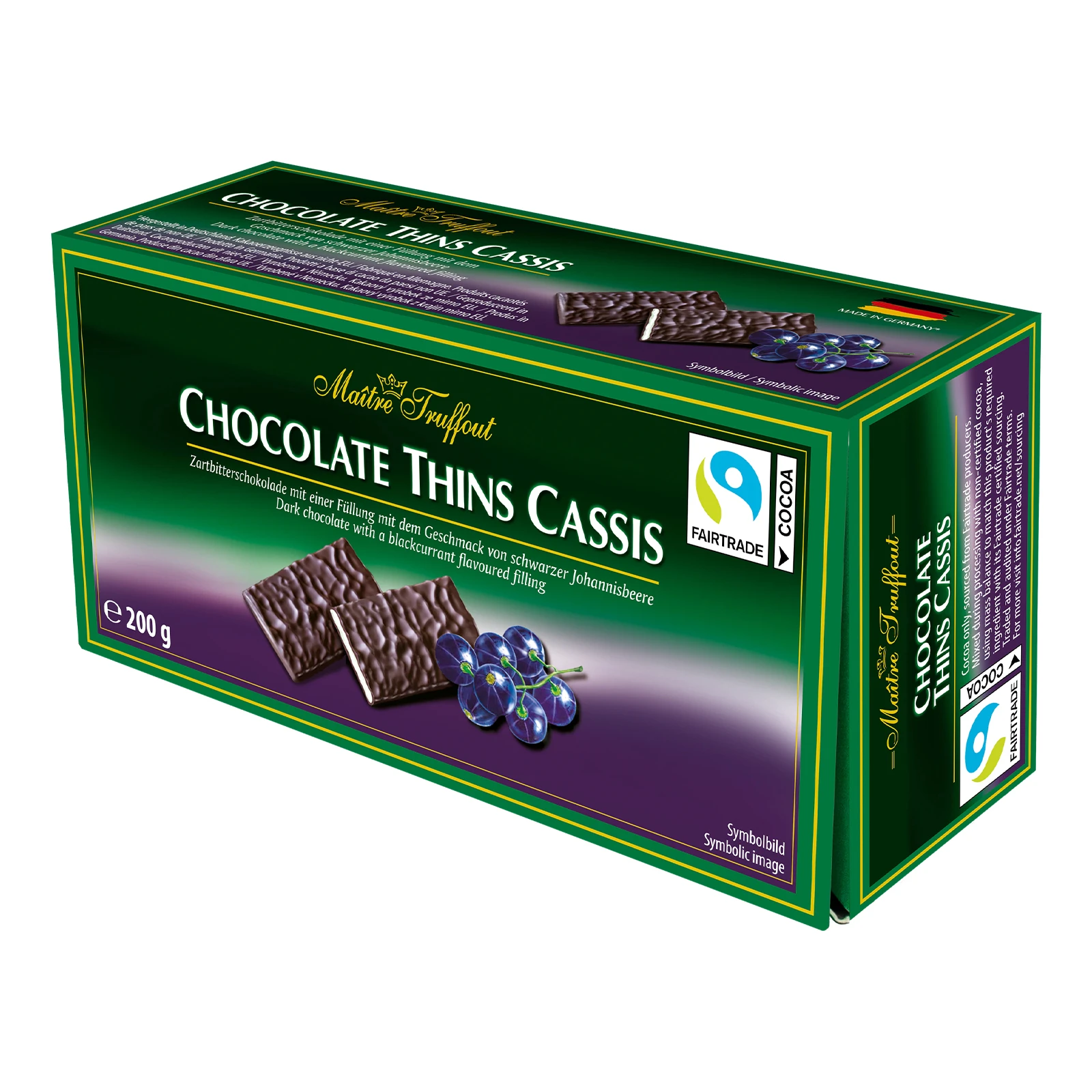 Шоколад Maitre Truffout Thins Cassis чорний з начинкою зі смаком чорної смородини пластинки 200г