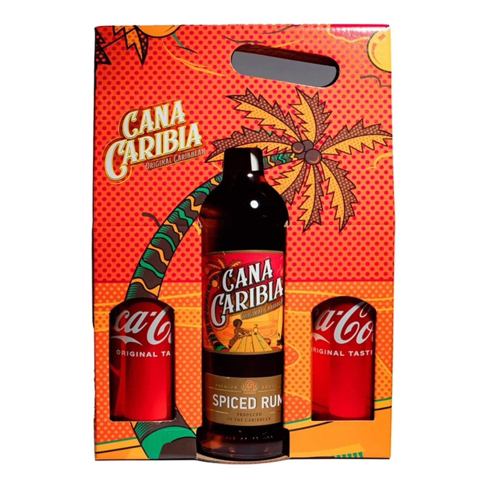 Набiр напій алк. Cana Caribia 0,7л 35% Spiced Gold Rum + напій безалк.Coca-Cola 2*0,33л Фото №:1