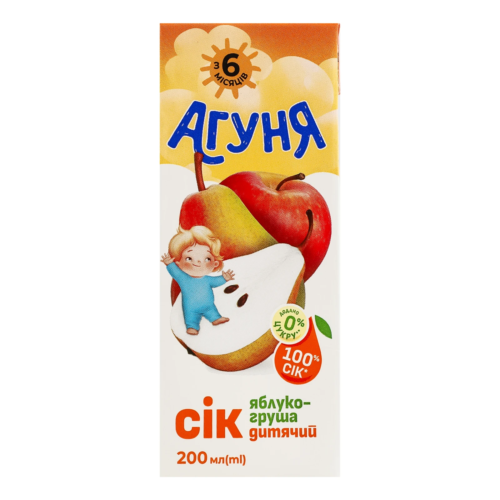 Сік Агуня відновлений освітлений стерилізований Яблучно-грушевий для дітей від 6-ти місяців 200мл Фото №:1