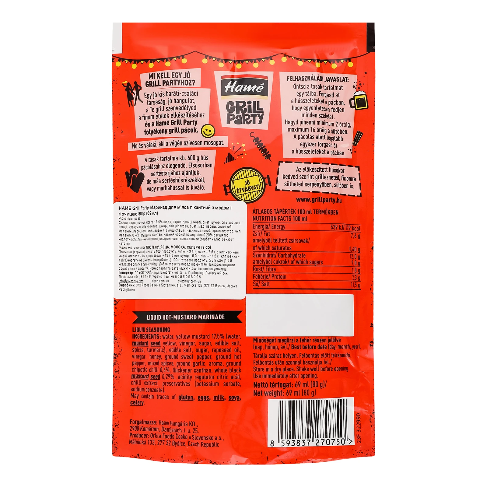 Маринад Hame 80г Grill party для м`яса з медом та гірчицею саше Новинка Фото №:2