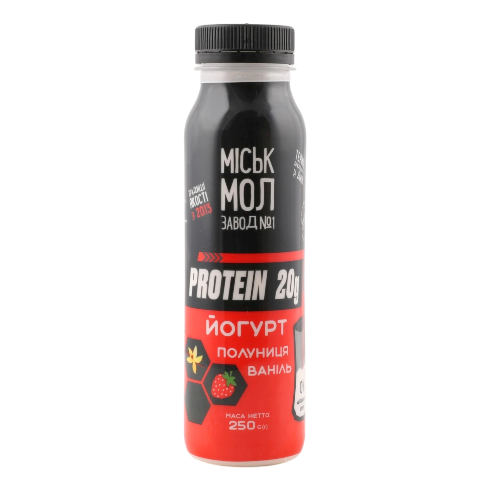 Йогурт Міськмолзавод №1 Protein 20g нежирний збагачений білком з сиропом Полуниця-ваніль 250г
