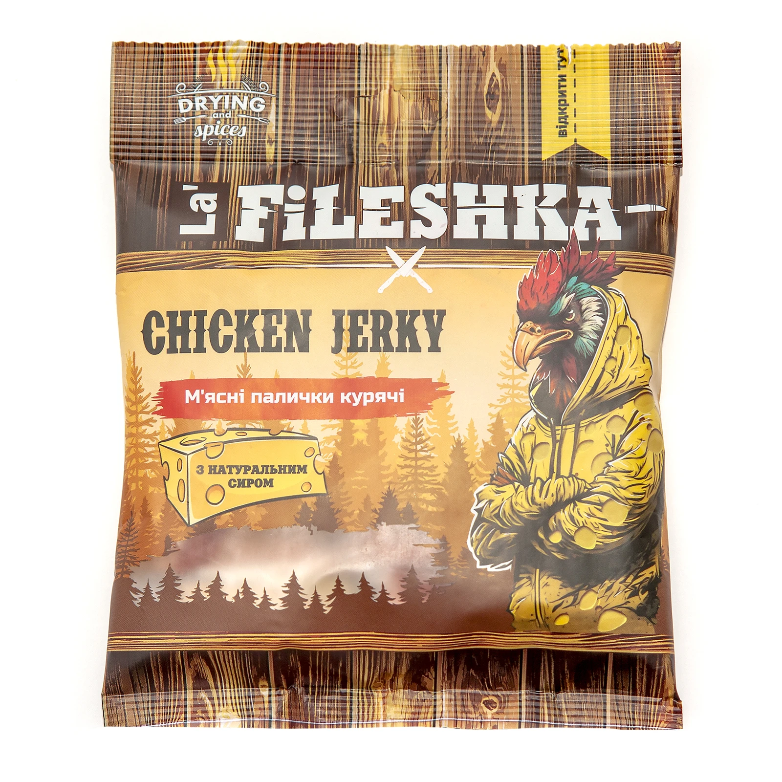 Снеки м'ясні La' Fileshka Ghicken Jerky палички курячі з сиром 40г Фото №:1
