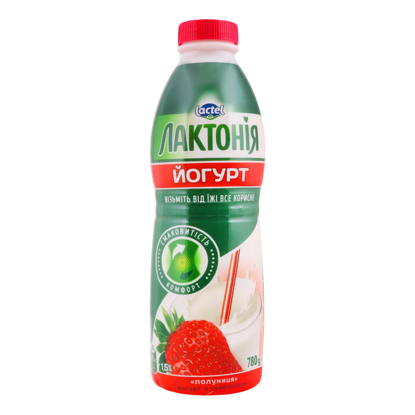 Йогурт Лактонія 780г 1,5% полуниця пляшка Фото №:1