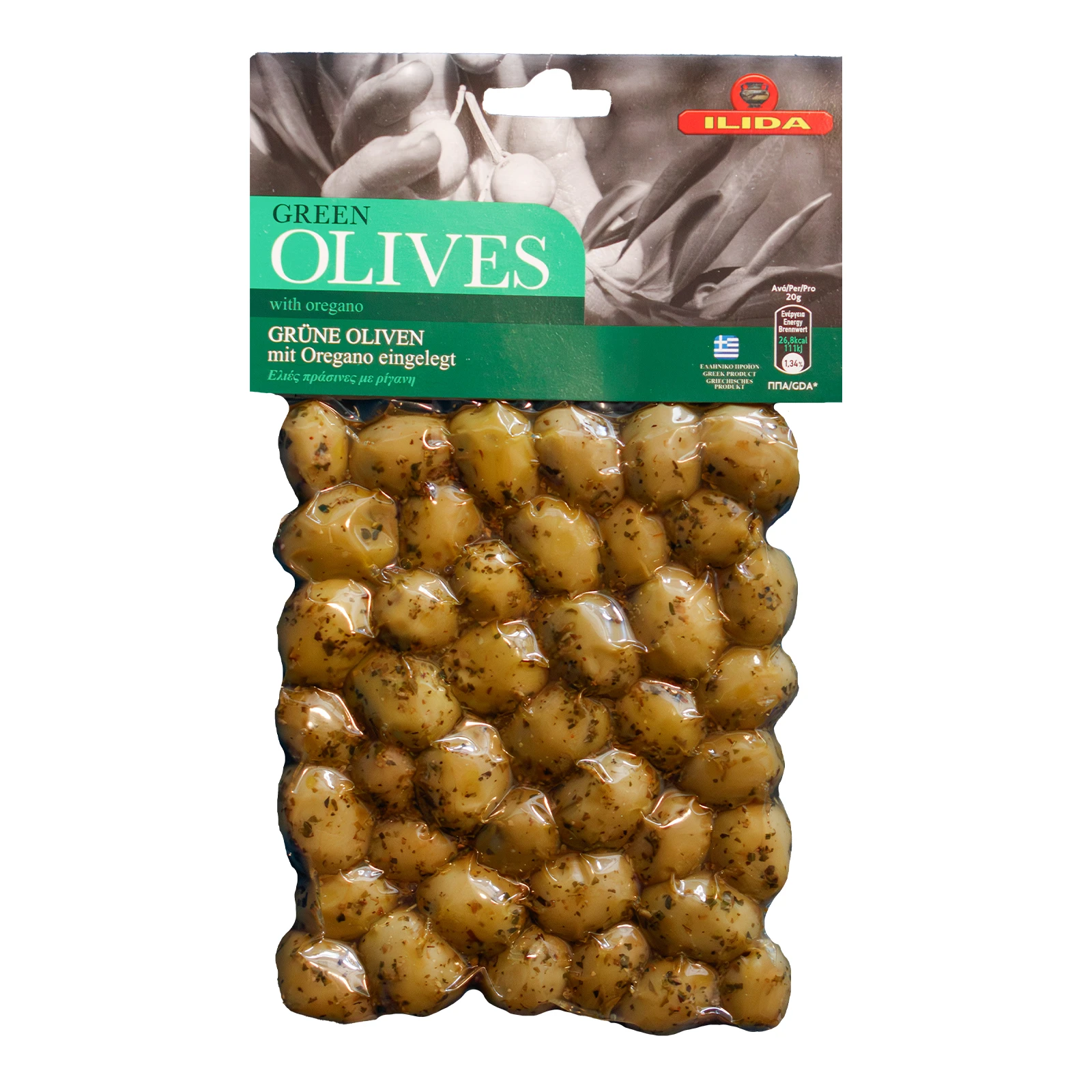Оливки Ilida Green зелені з кісточкою з орегано 250г Фото №:1