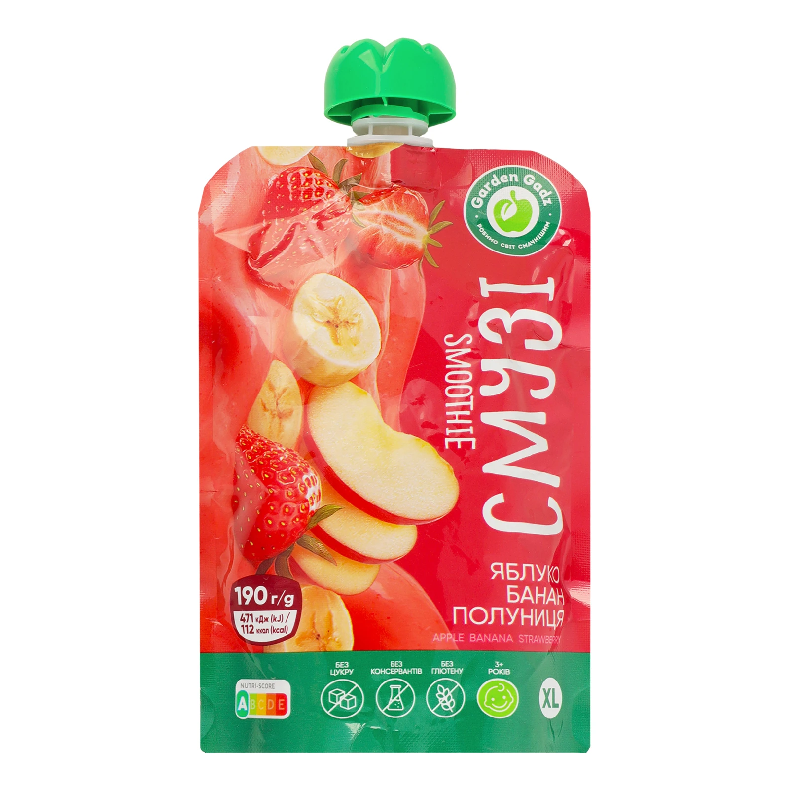 Пюре Garden Gadz фруктове гомогенізоване стерилізоване Смузі Яблуко-банан-полуниця 190г Фото №:1