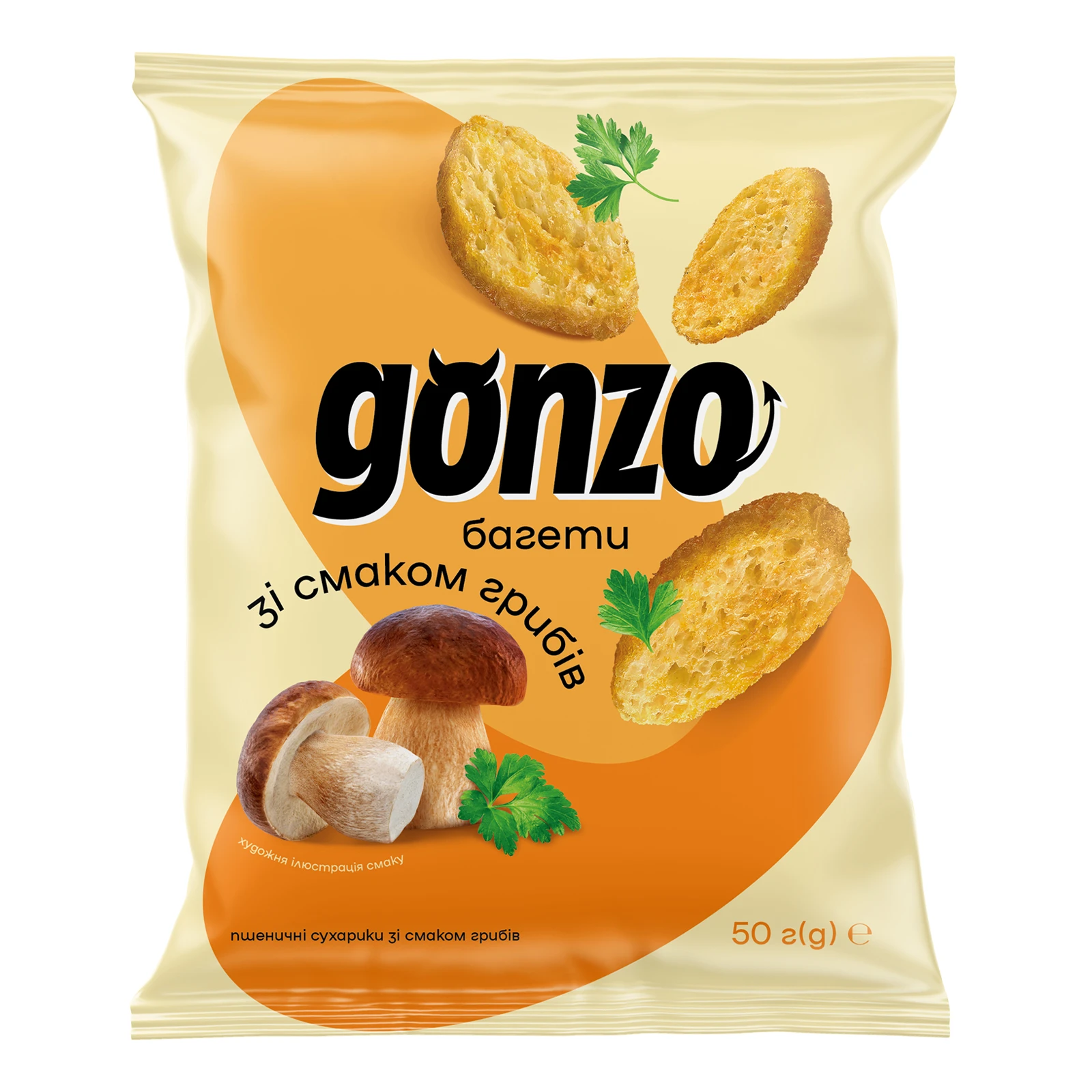 Сухарики Gonzo 50г пшеничні багети зі смаком грибів Новикна Фото №:1
