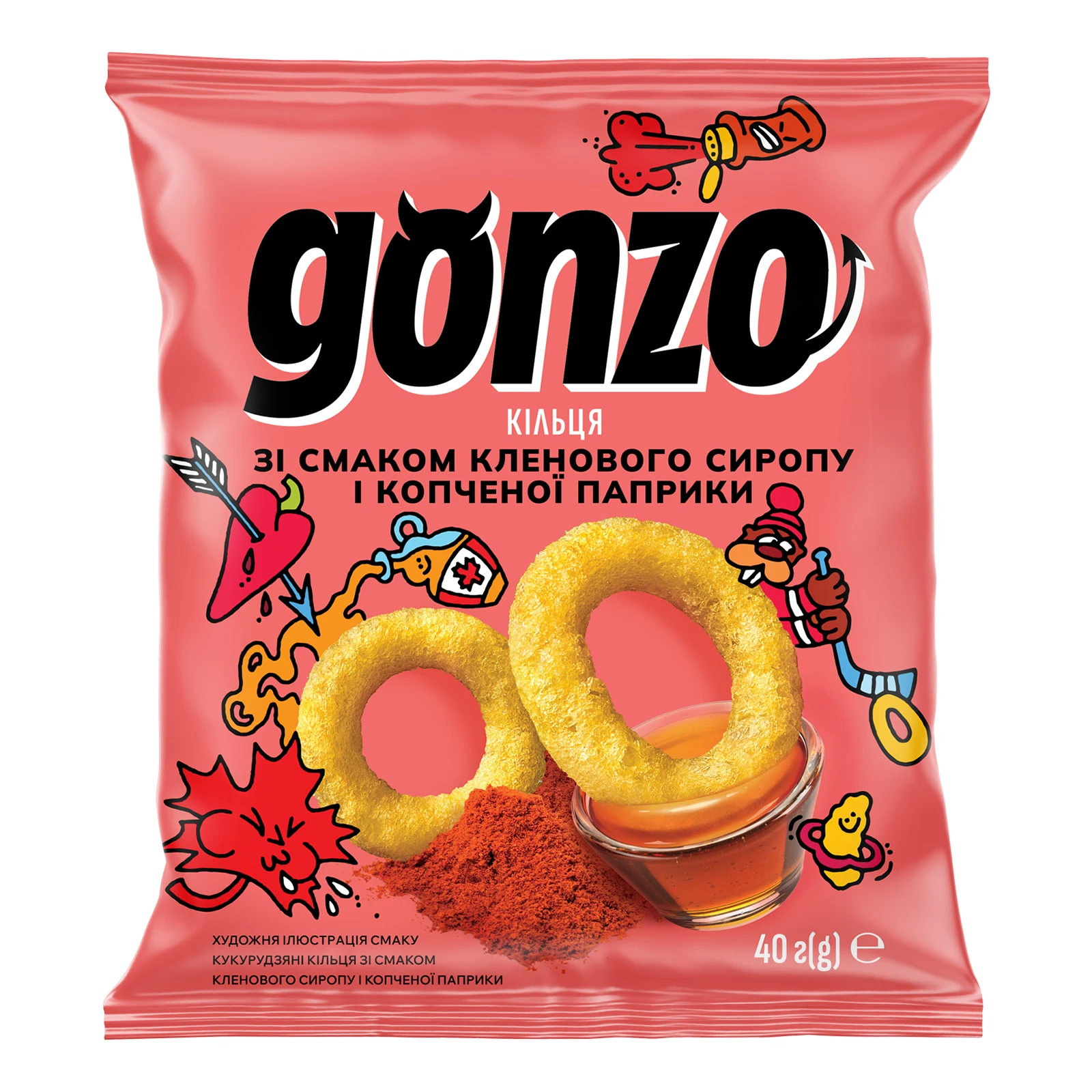 Снеки Gonzo 40г кукурудзяні кільця зі смаком кленового сиропу і копч паприки Новинка Фото №:1
