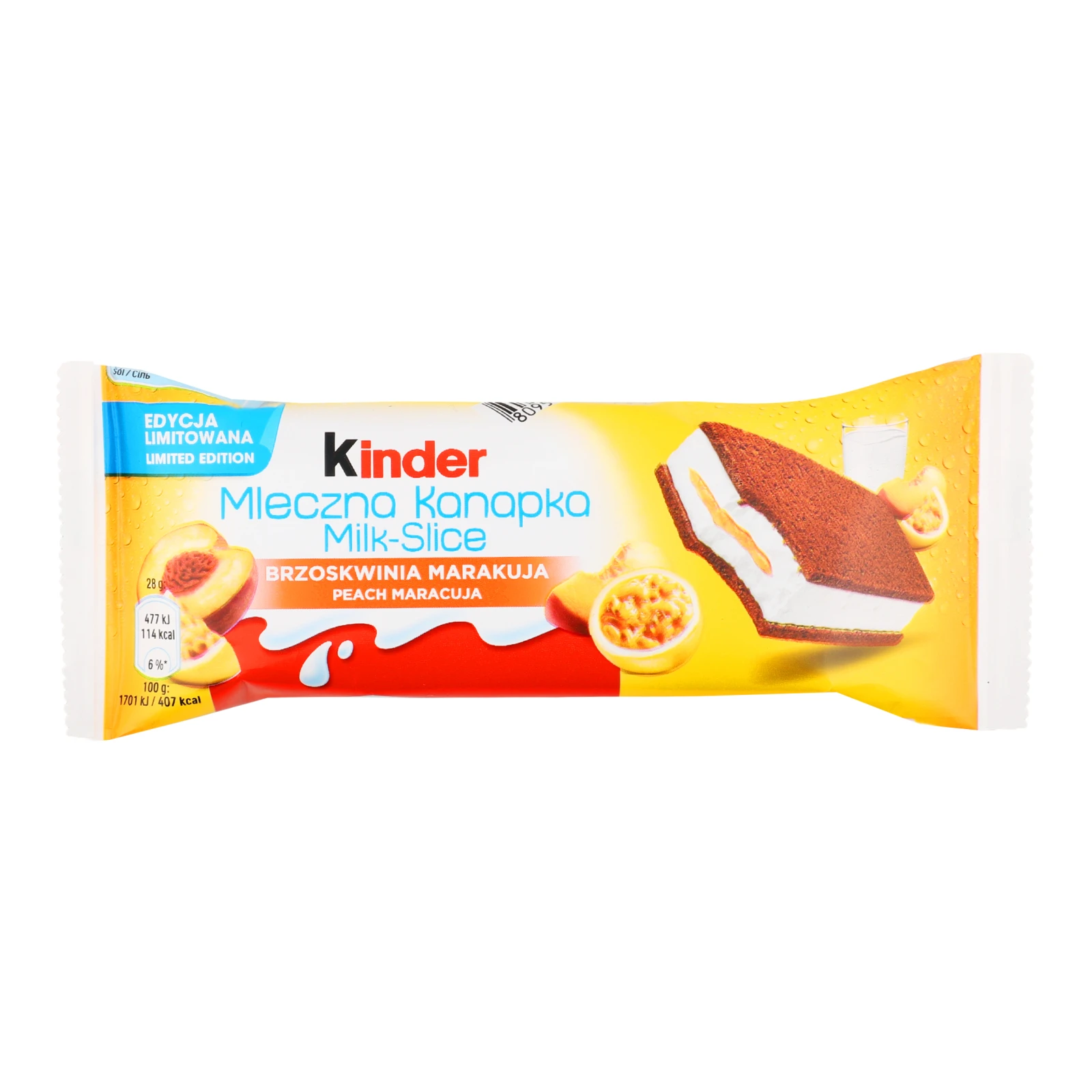 Тістечко Kinder Milk-slice бісквітне з молочною начинкою та наповнювачем зі смаком персика та маракуї 28г Фото №:1
