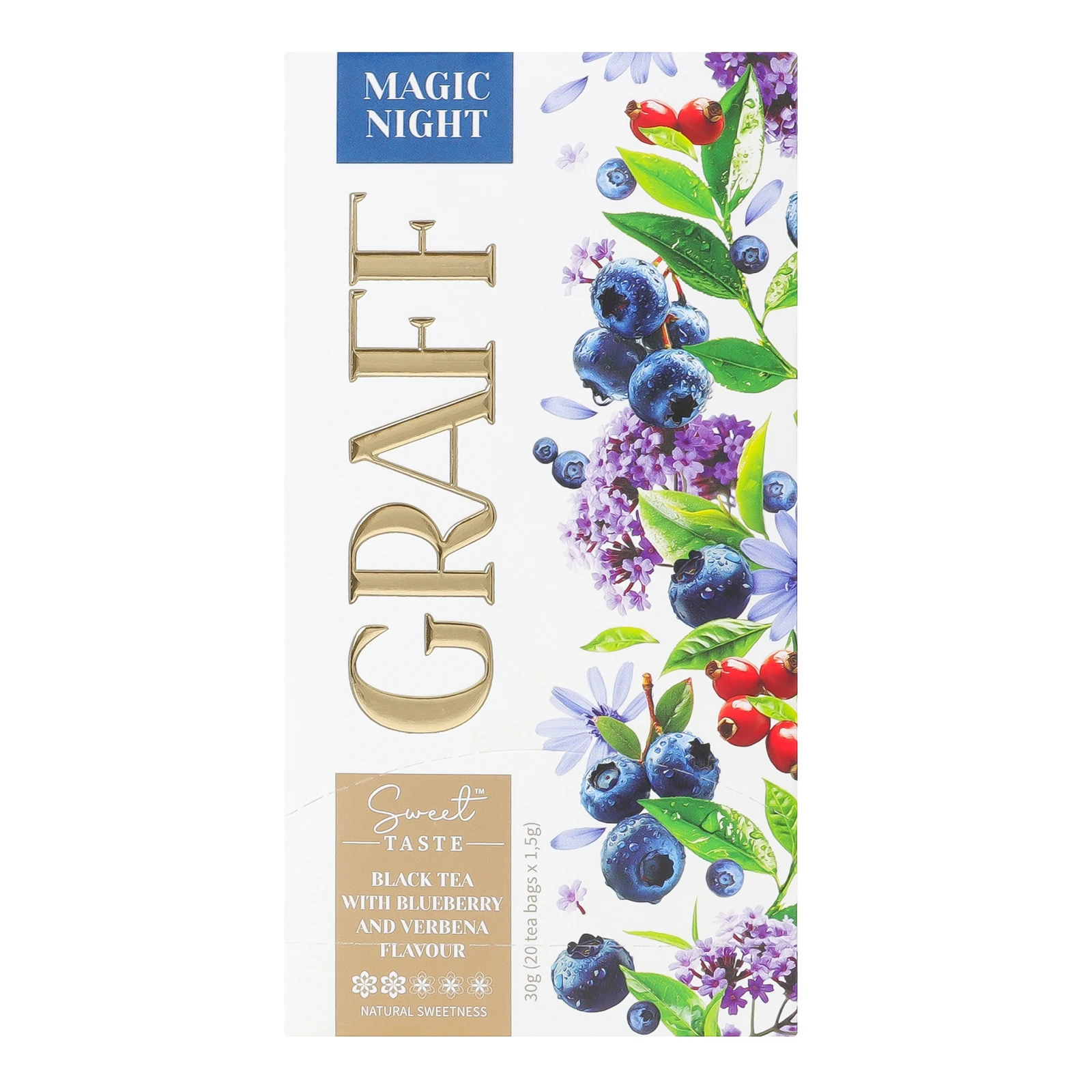 Чай Graff Магічна ніч чорний байховий з ароматом чорниці та вербени з натуральним підсолоджувачем 20х1.5г Фото №:2