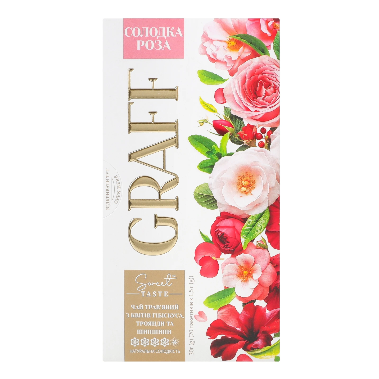 Чай Graff Солодка роза трав'яний з квітів гібіскуса, троянди та шипшини з натуральними підсолоджувачем 20х1.5г Фото №:1