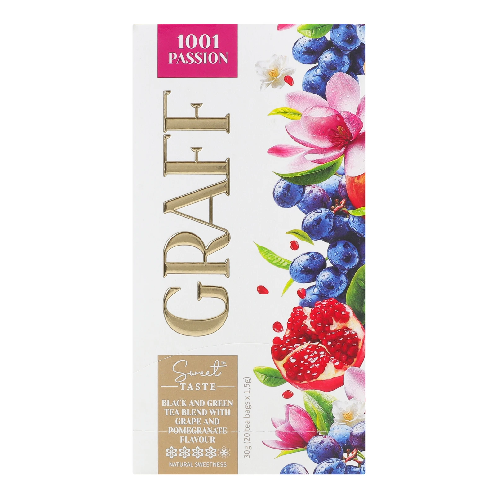 Чай Graff 1001 пристрасть бленд чорного та зеленого з ароматом винограду та гранату з підсолоджувачем 20х1.5г Фото №:2