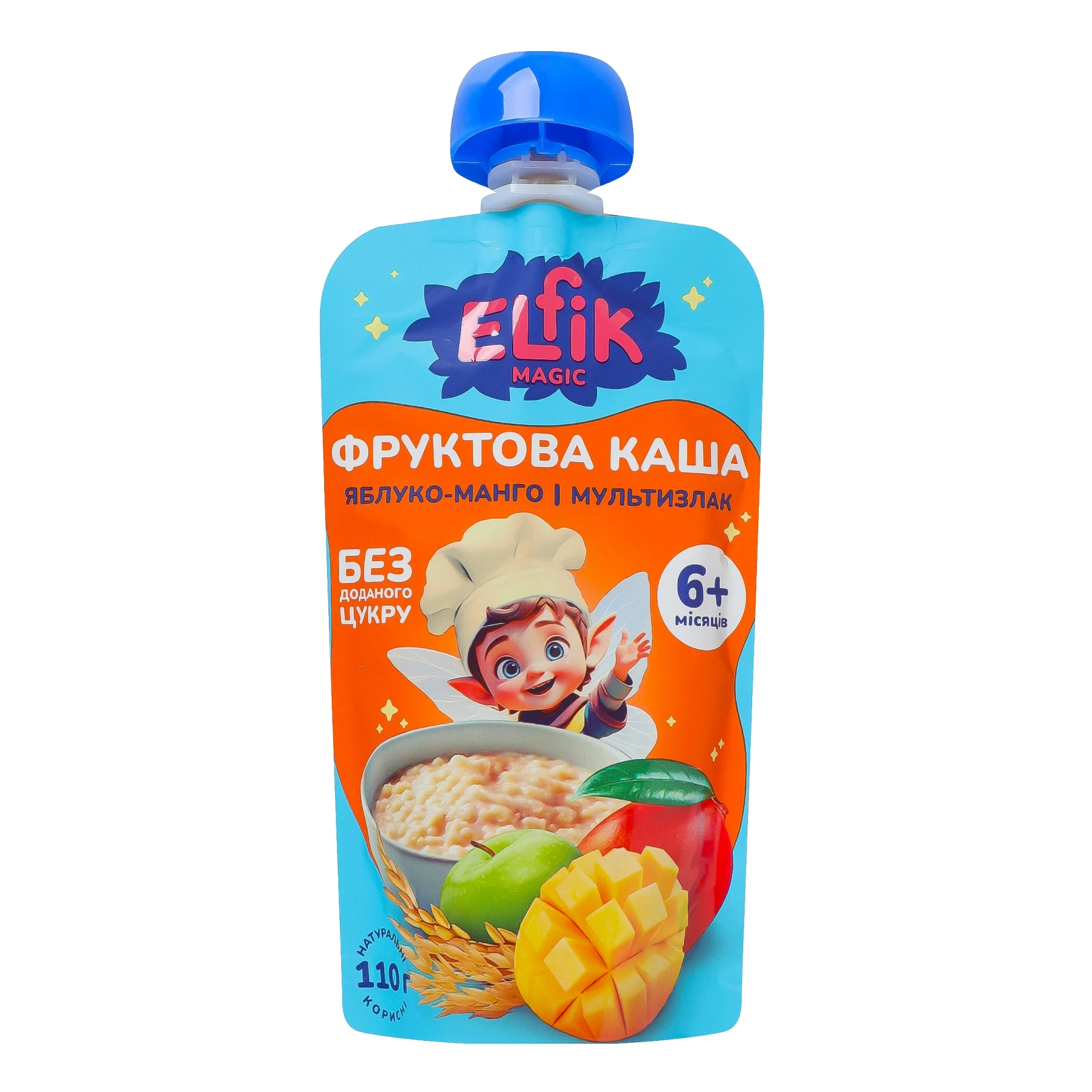 Каша Elfik Magic фруктова гомогенізована стерилізована Яблуко-манго-мультизлак для дітей від 6-ти місяців 110г