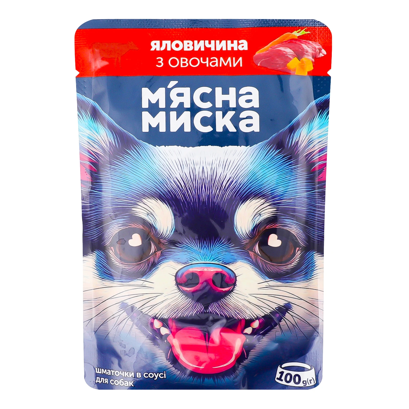 Корм М`ясна миска 100г д/собак дорослих шматочки в соусі з яловичиною та овочами м`ясна Новинка Фото №:1